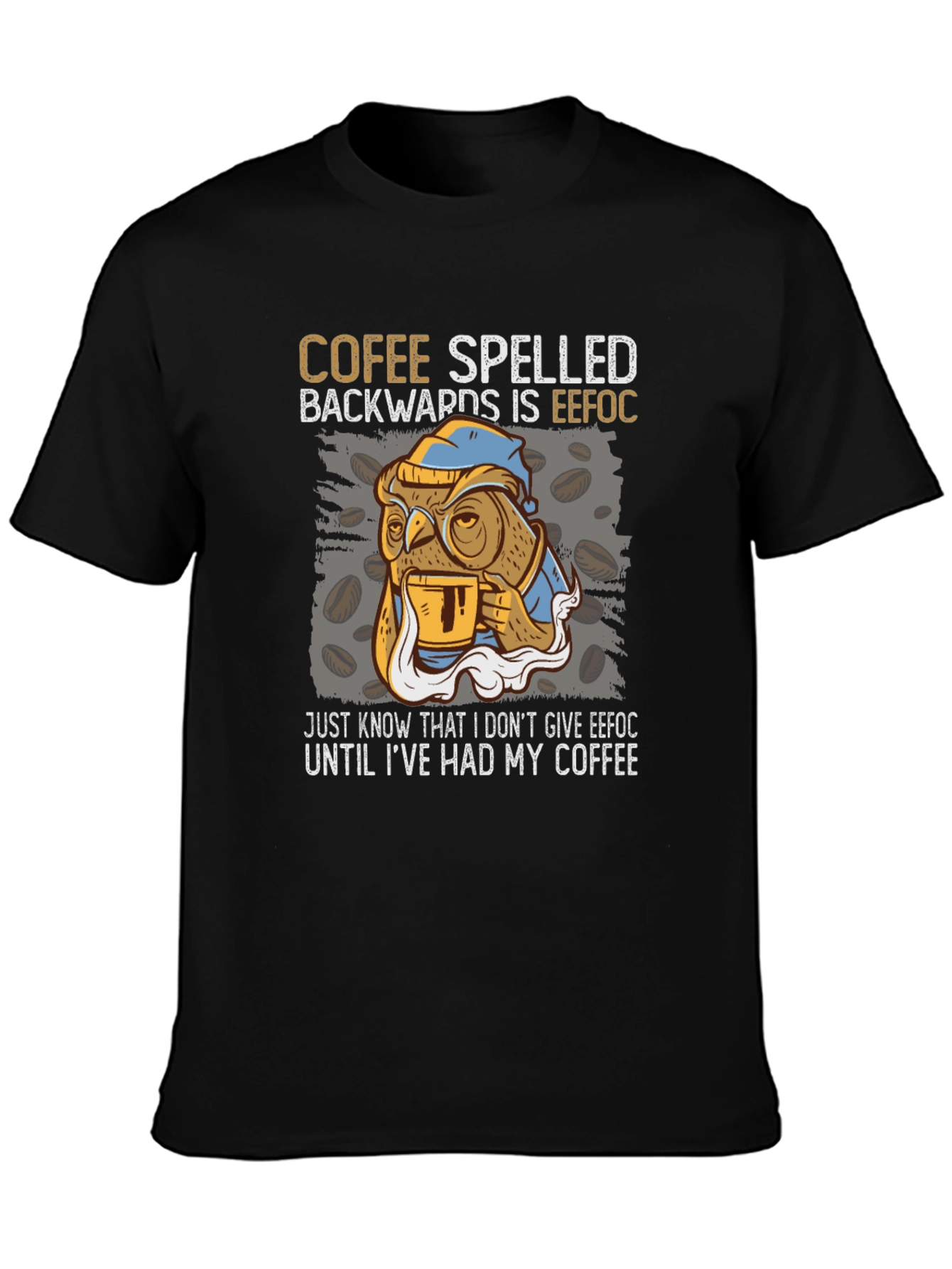 Coffee Owl T-Shirt - Cofee Spelled Backwards Novelty Tee