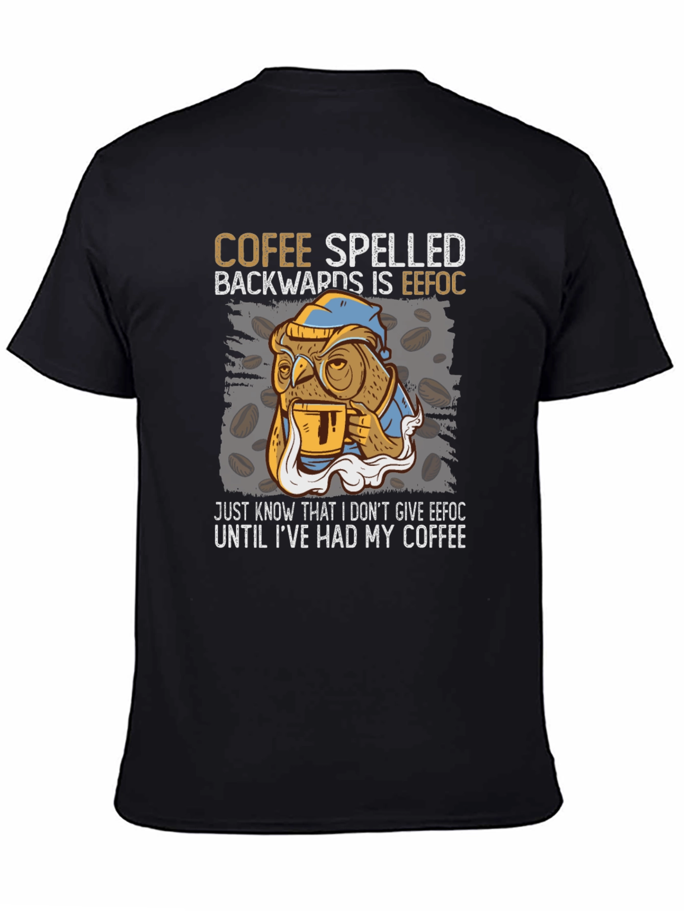 Coffee Owl T-Shirt - Cofee Spelled Backwards Novelty Tee