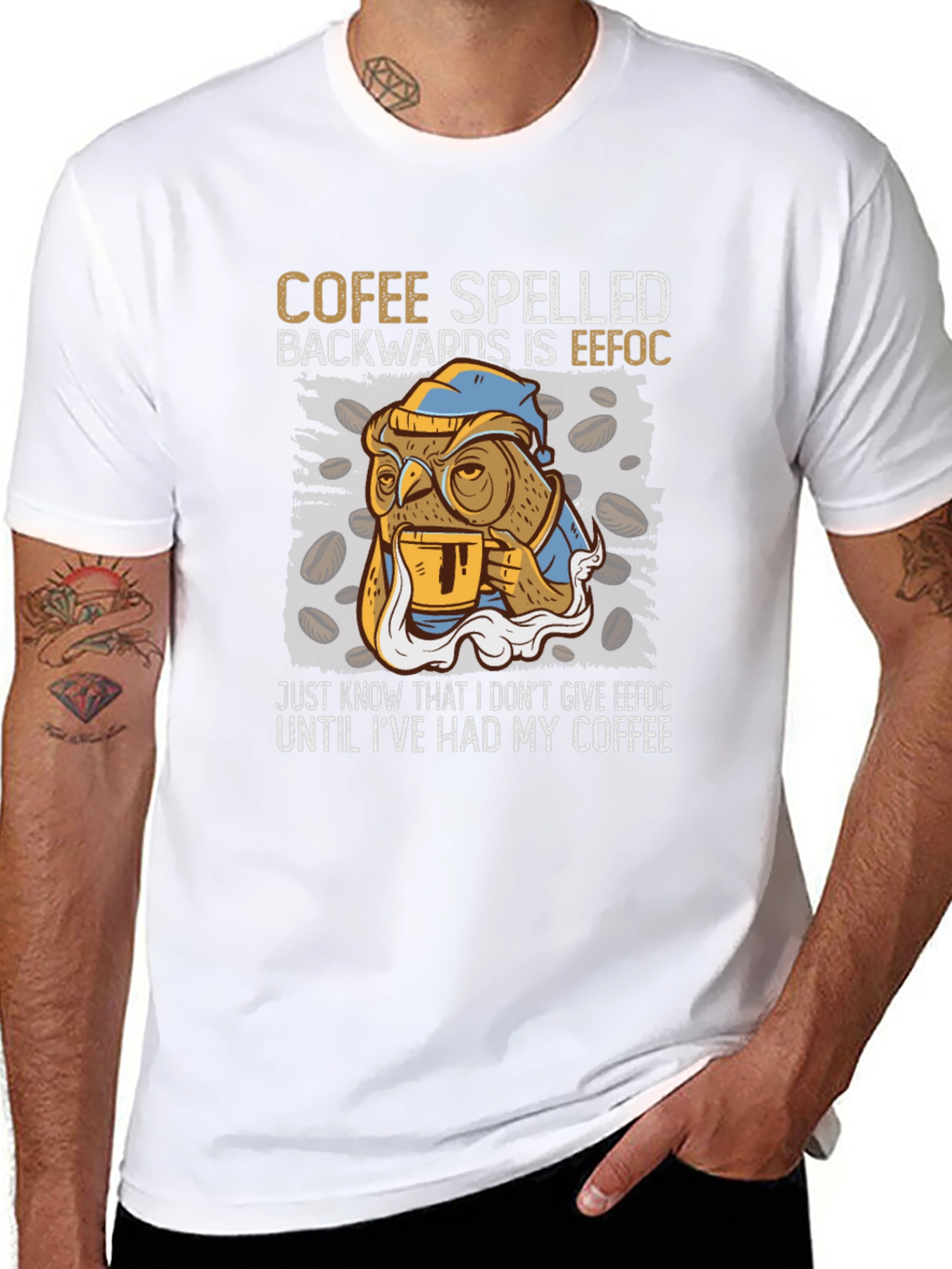 Coffee Owl T-Shirt - Cofee Spelled Backwards Novelty Tee