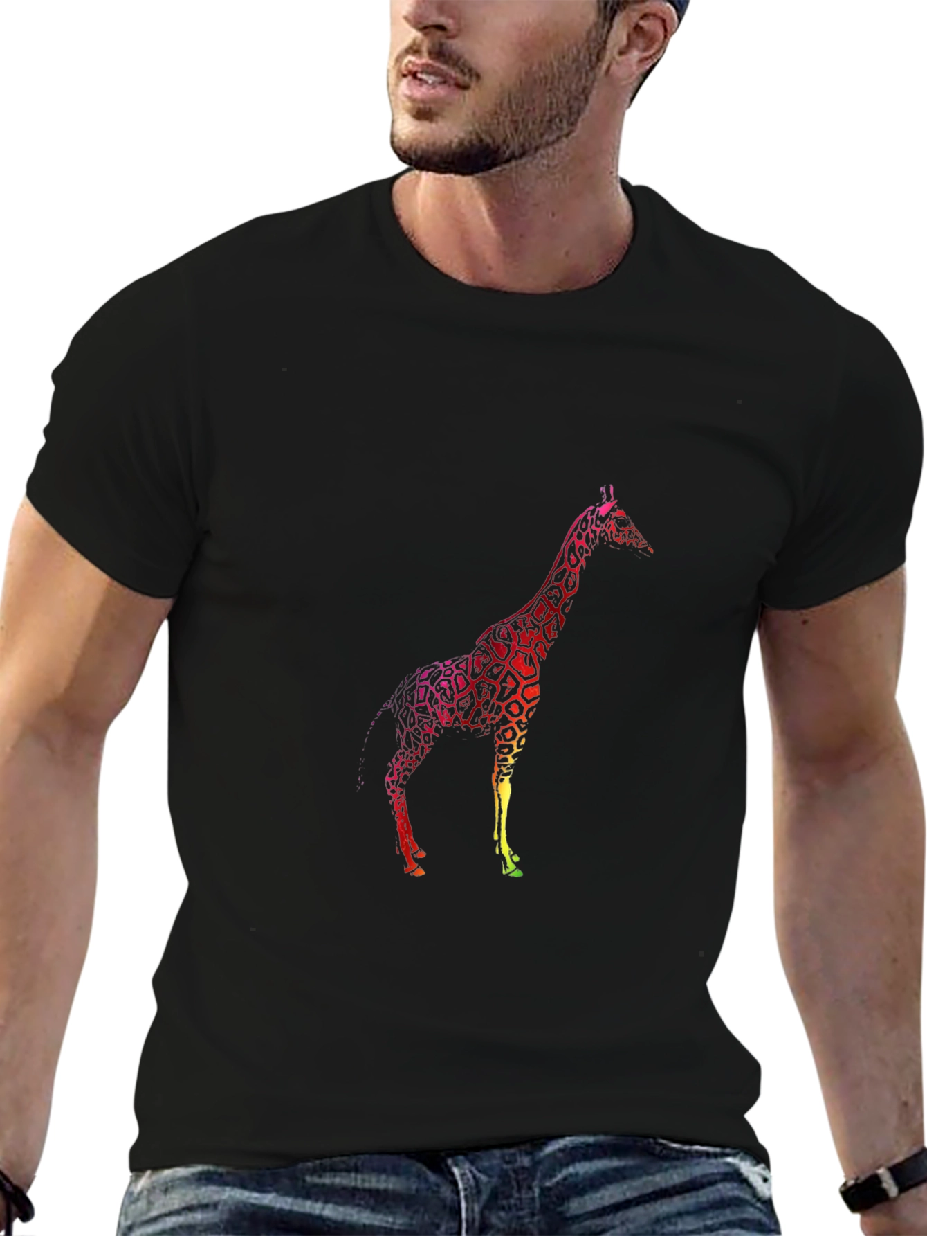 Giraffe Graphic Tee - Black Cotton Casual T-Shirt