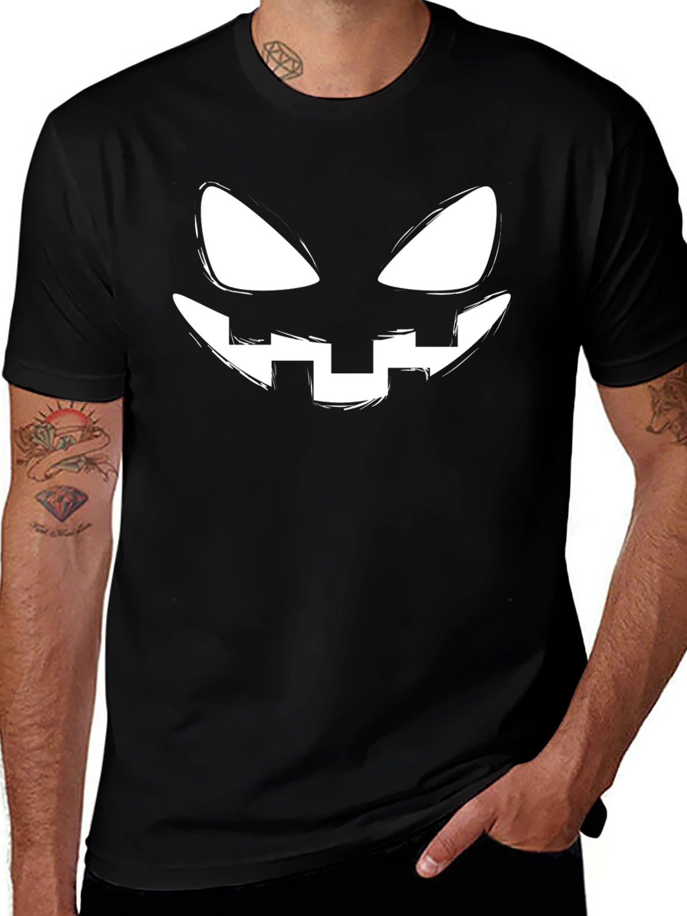 Halloween Pumpkin Face Graphic Tee - Black Cotton T-Shirt
