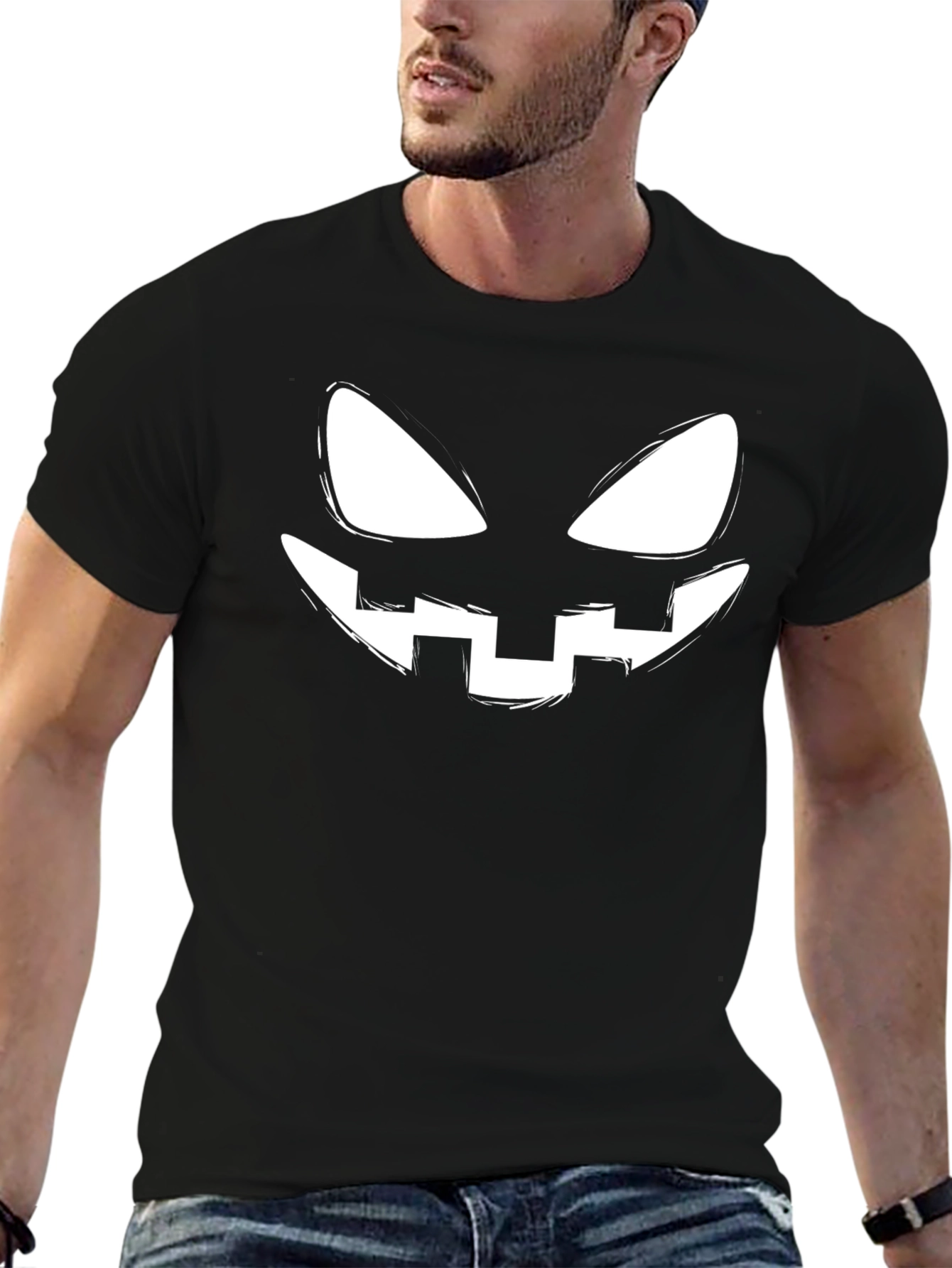 Halloween Pumpkin Face Graphic Tee - Black Cotton T-Shirt