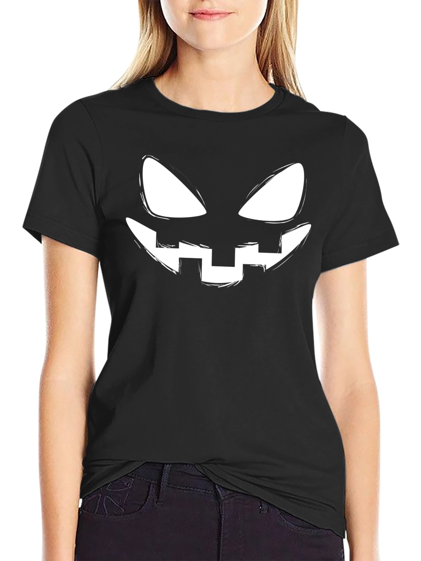 Halloween Pumpkin Face Graphic Tee - Black Cotton T-Shirt