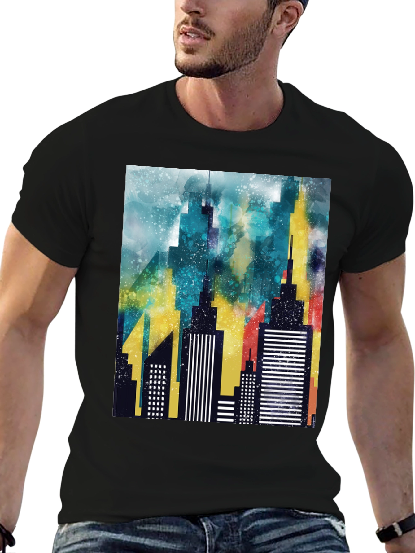 Abstract Cityscape Graphic Black T-Shirt