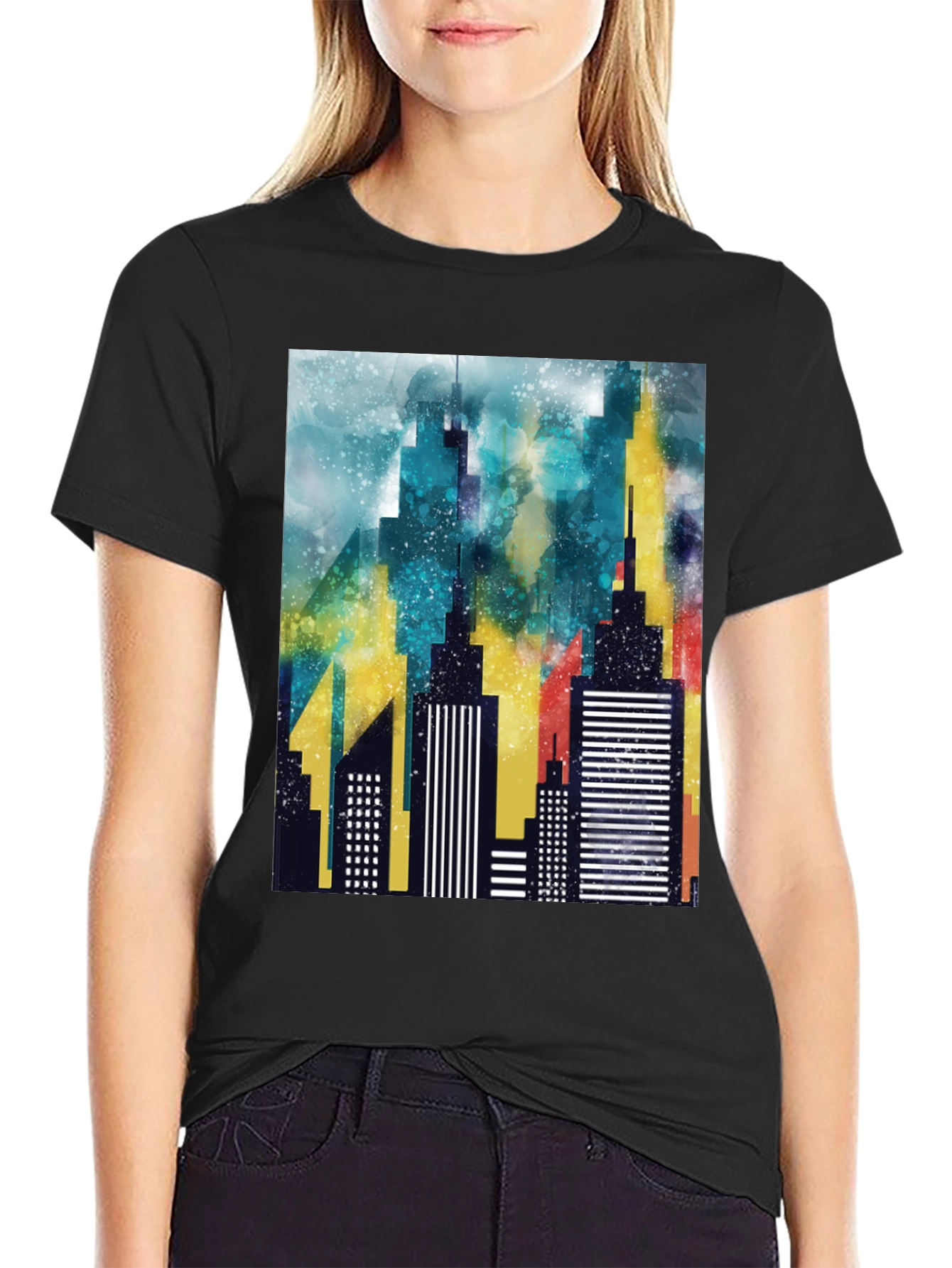 Abstract Cityscape Graphic Black T-Shirt