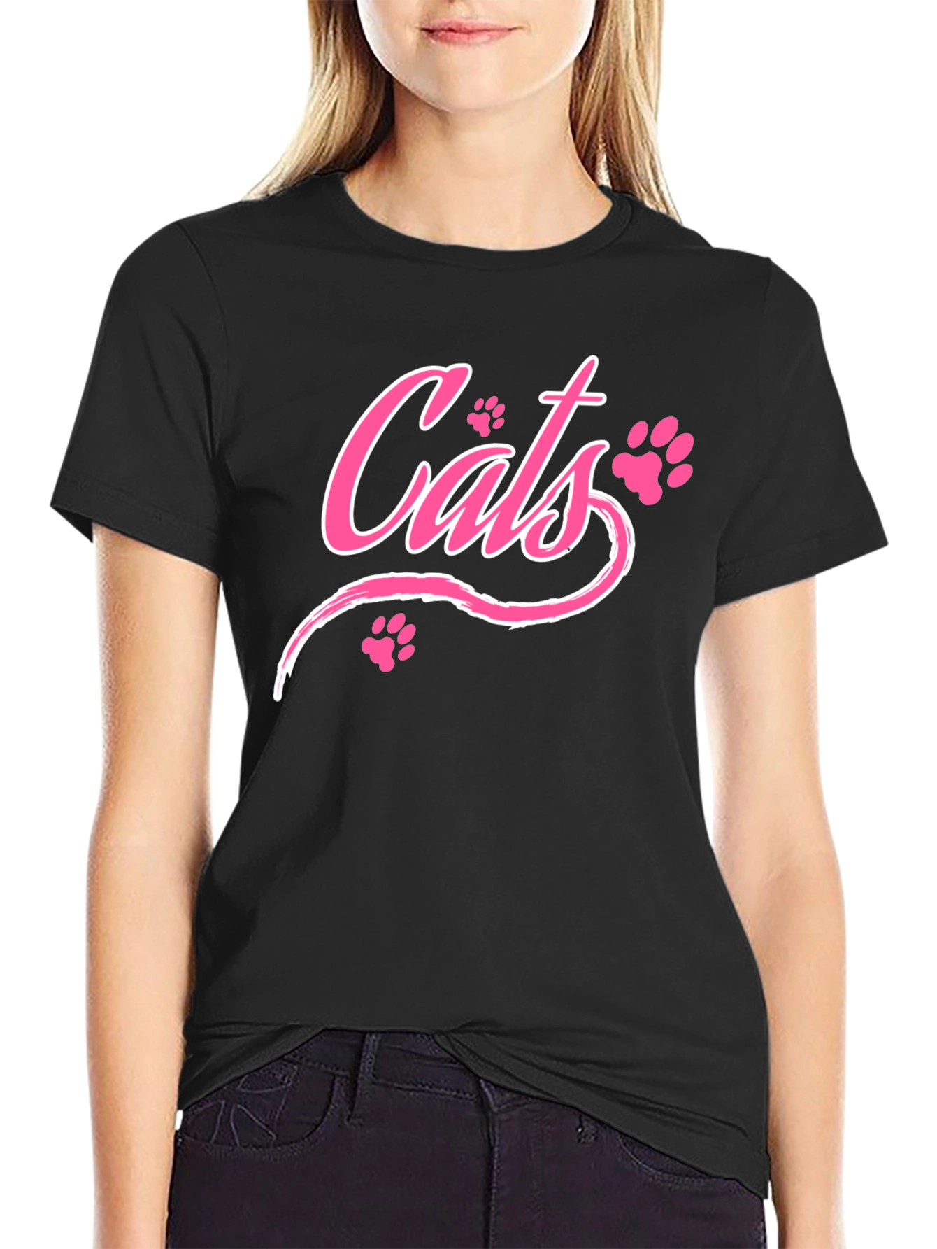 Cats Pink Print Black T-Shirt
