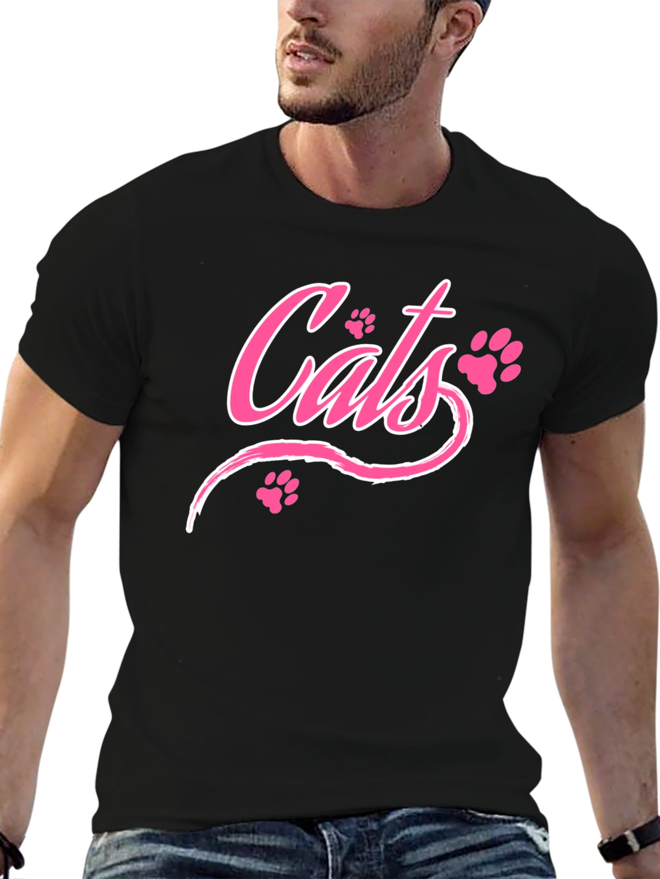 Cats Pink Print Black T-Shirt