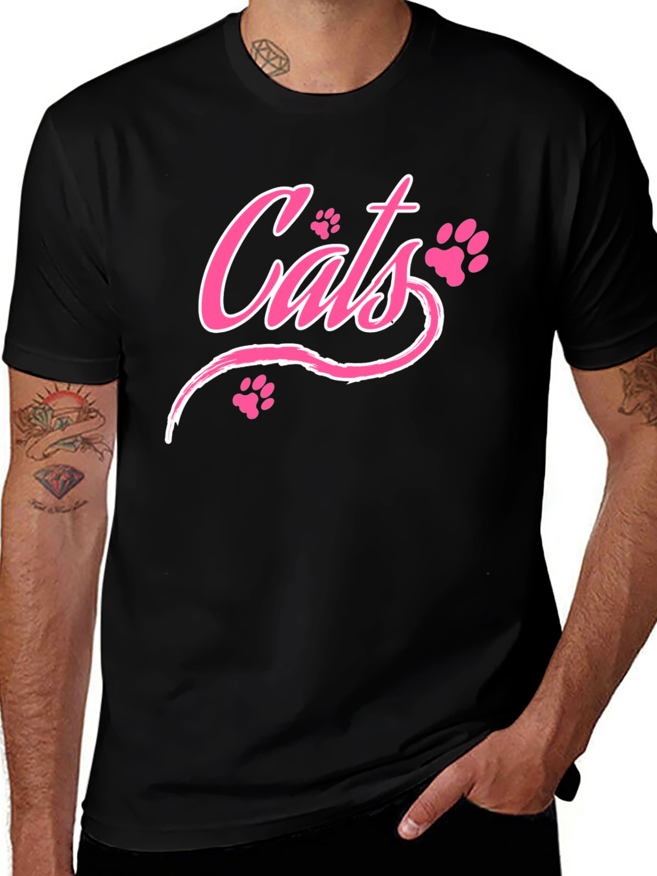 Cats Pink Print Black T-Shirt