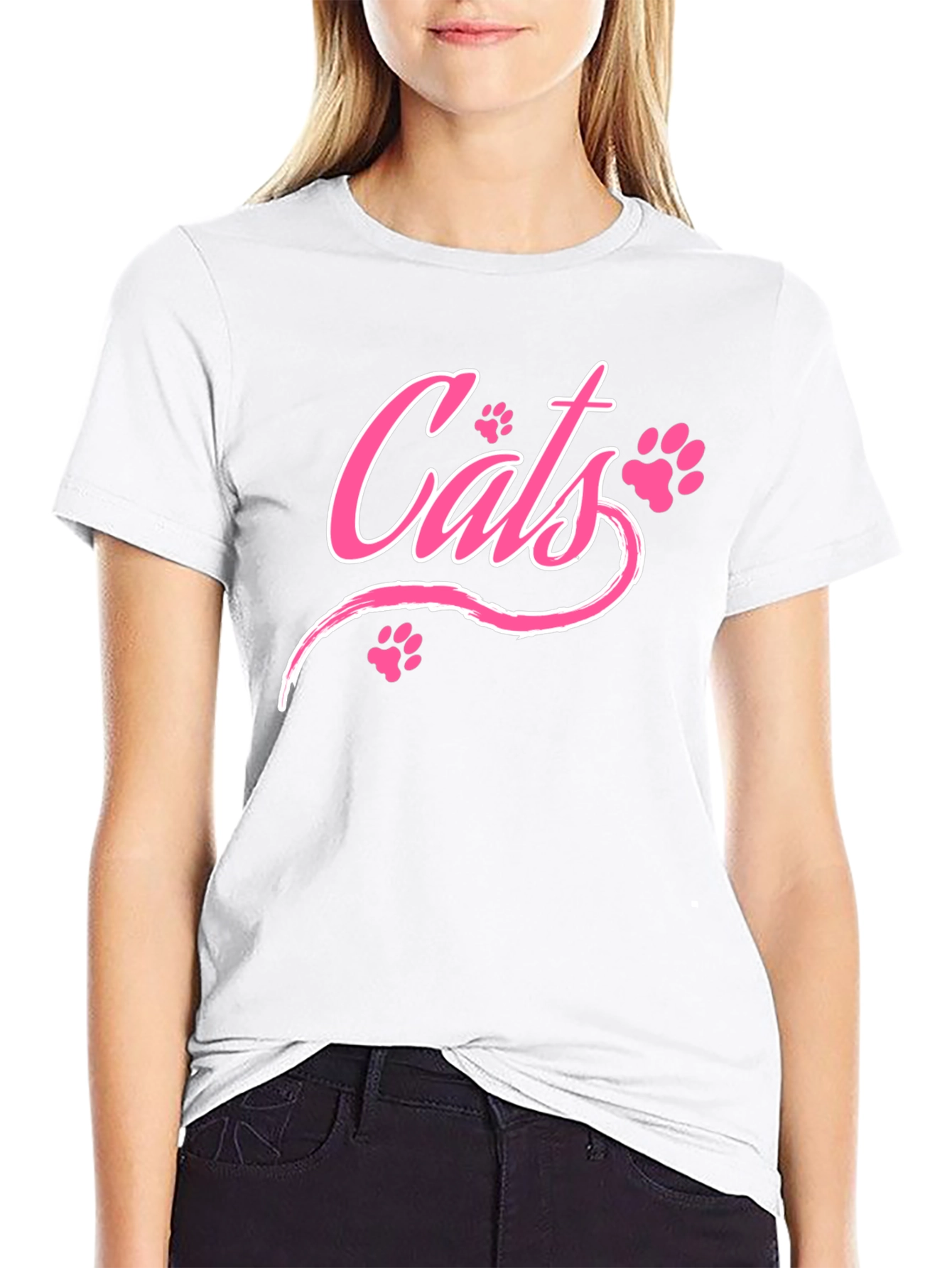 Cats Pink Print Black T-Shirt