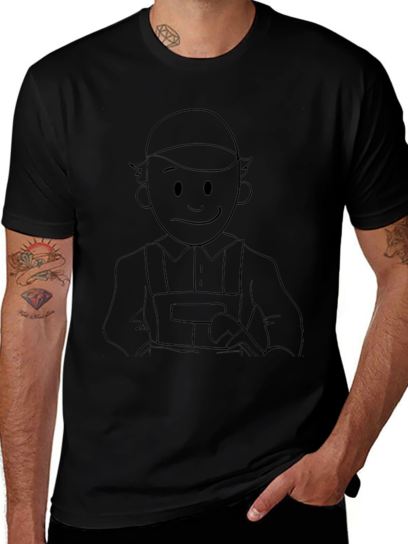Cartoon Worker Graphic T-Shirt - Black