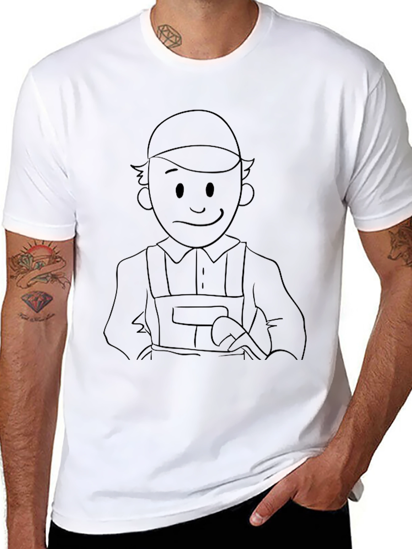 Cartoon Worker Graphic T-Shirt - Black