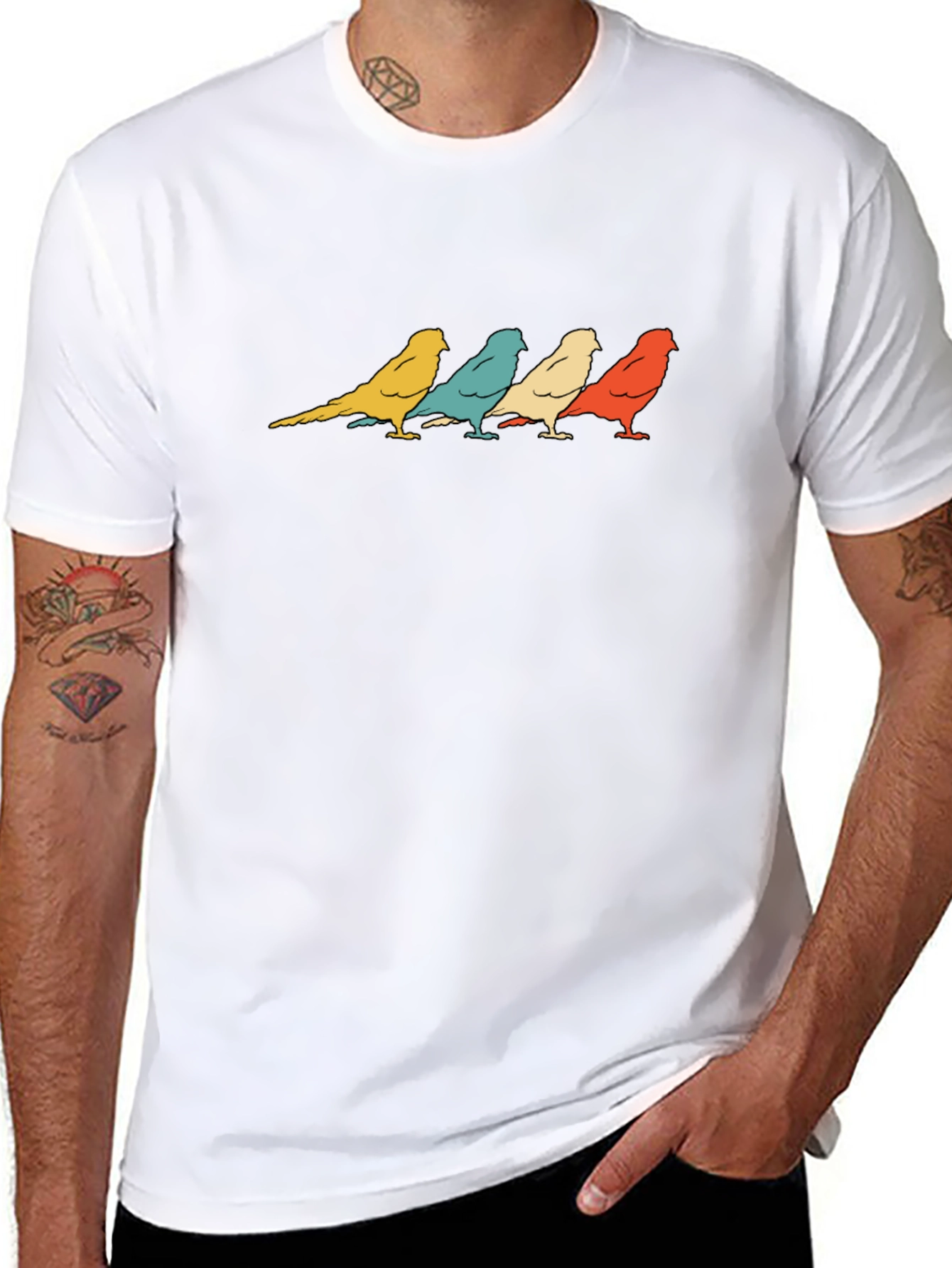 Retro Birds Graphic Print T-Shirt - Black