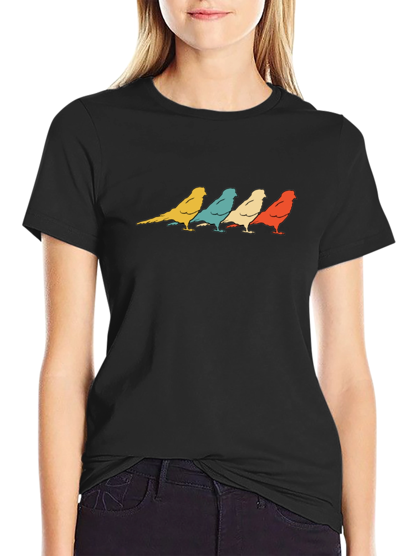 Retro Birds Graphic Print T-Shirt - Black