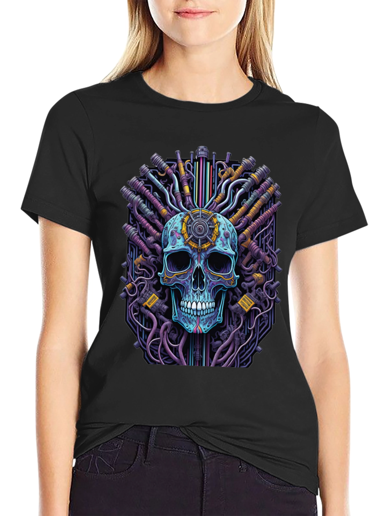 Cyberpunk Skull Graphic Tee - Black