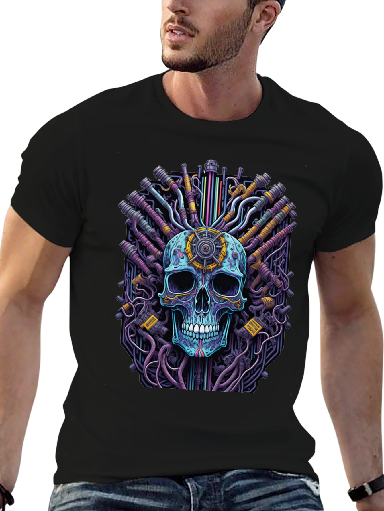 Cyberpunk Skull Graphic Tee - Black