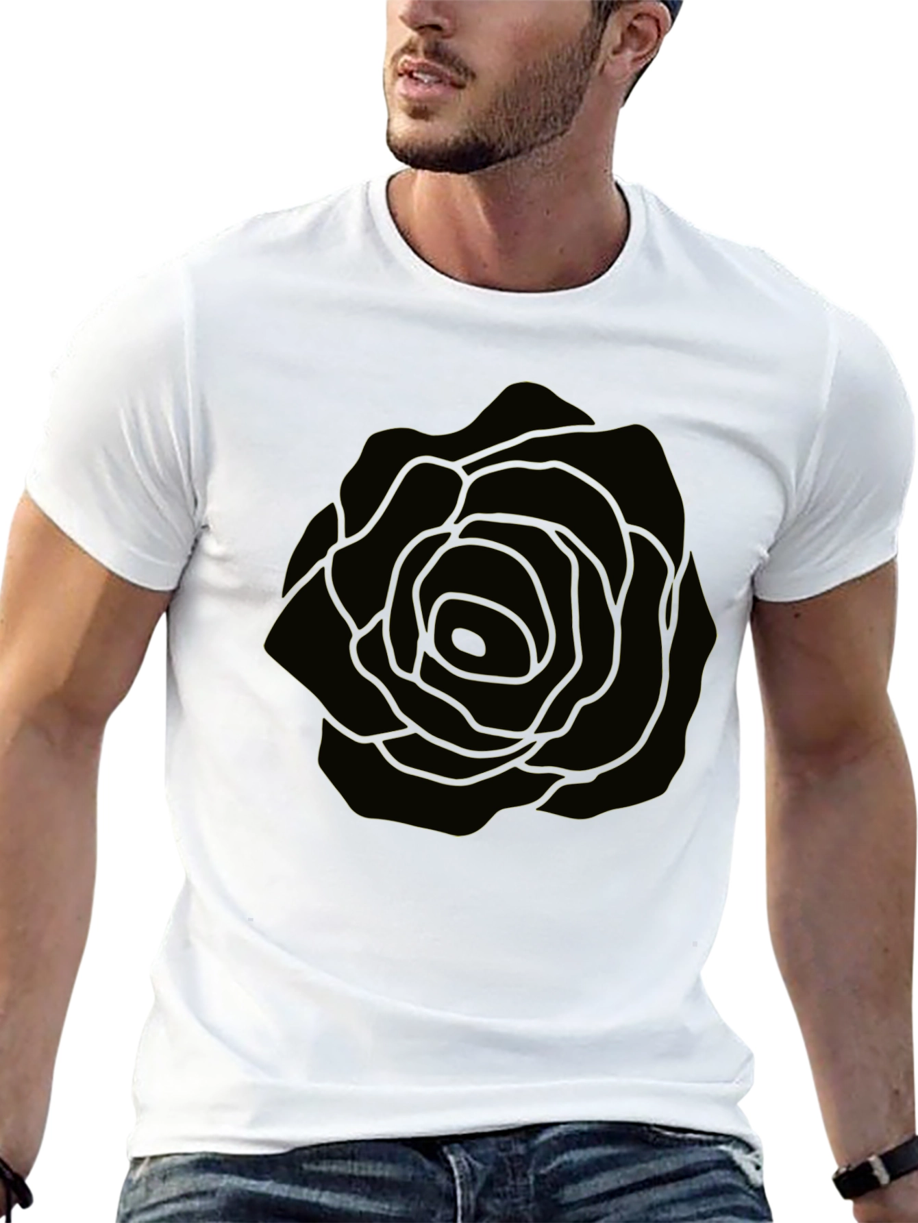 Mens Black T-Shirt with Rose Graphic