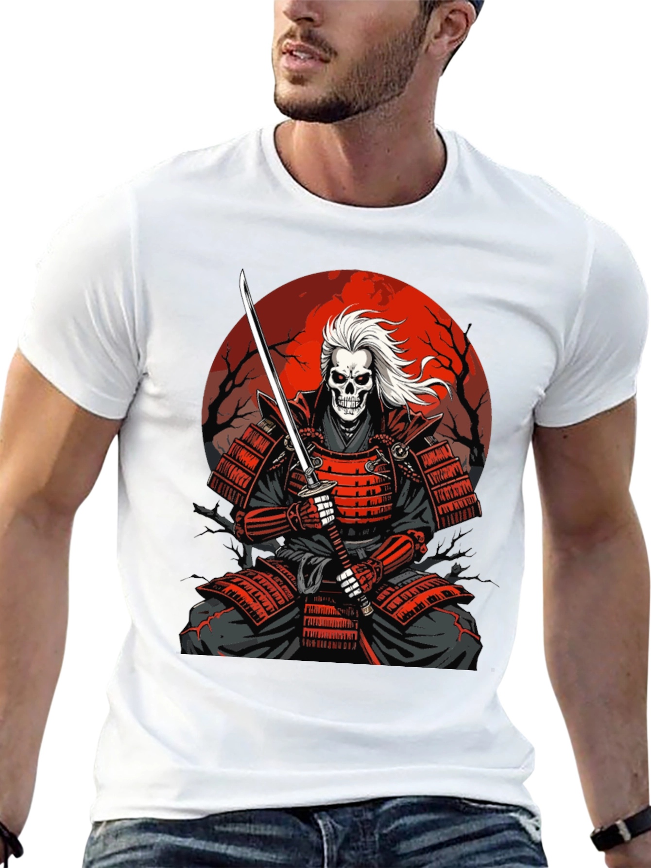 Samurai Skeleton T-Shirt - Red Armor & Katana