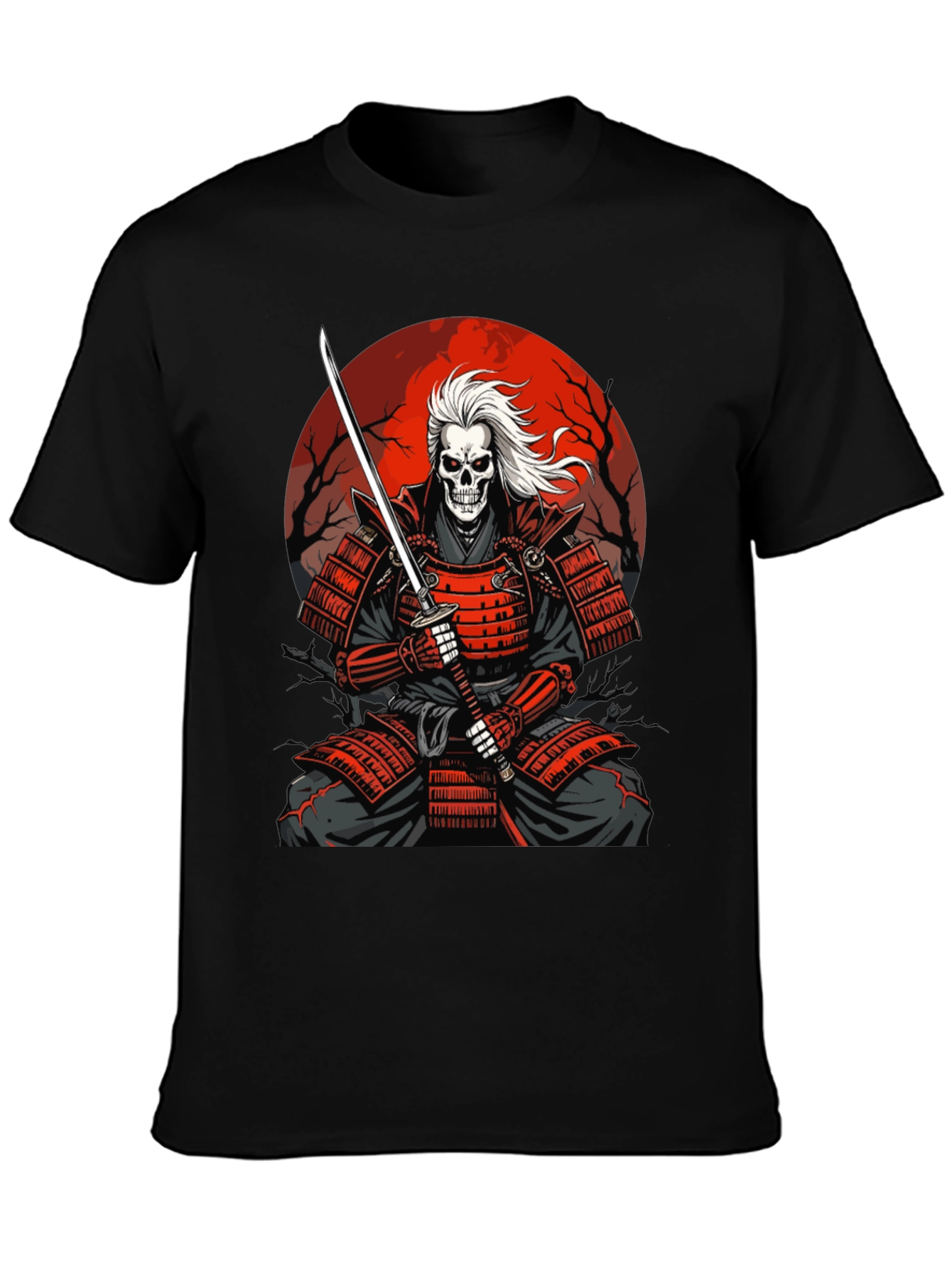Samurai Skeleton T-Shirt - Red Armor & Katana