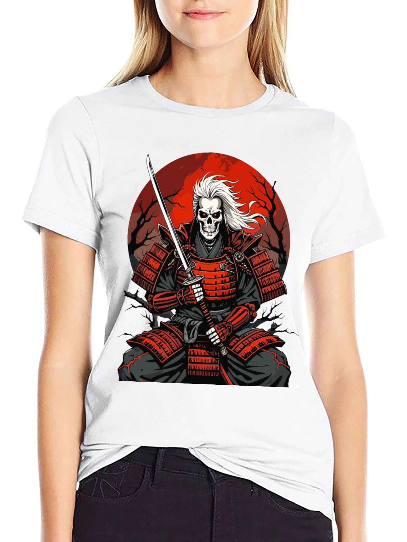 Samurai Skeleton T-Shirt - Red Armor & Katana