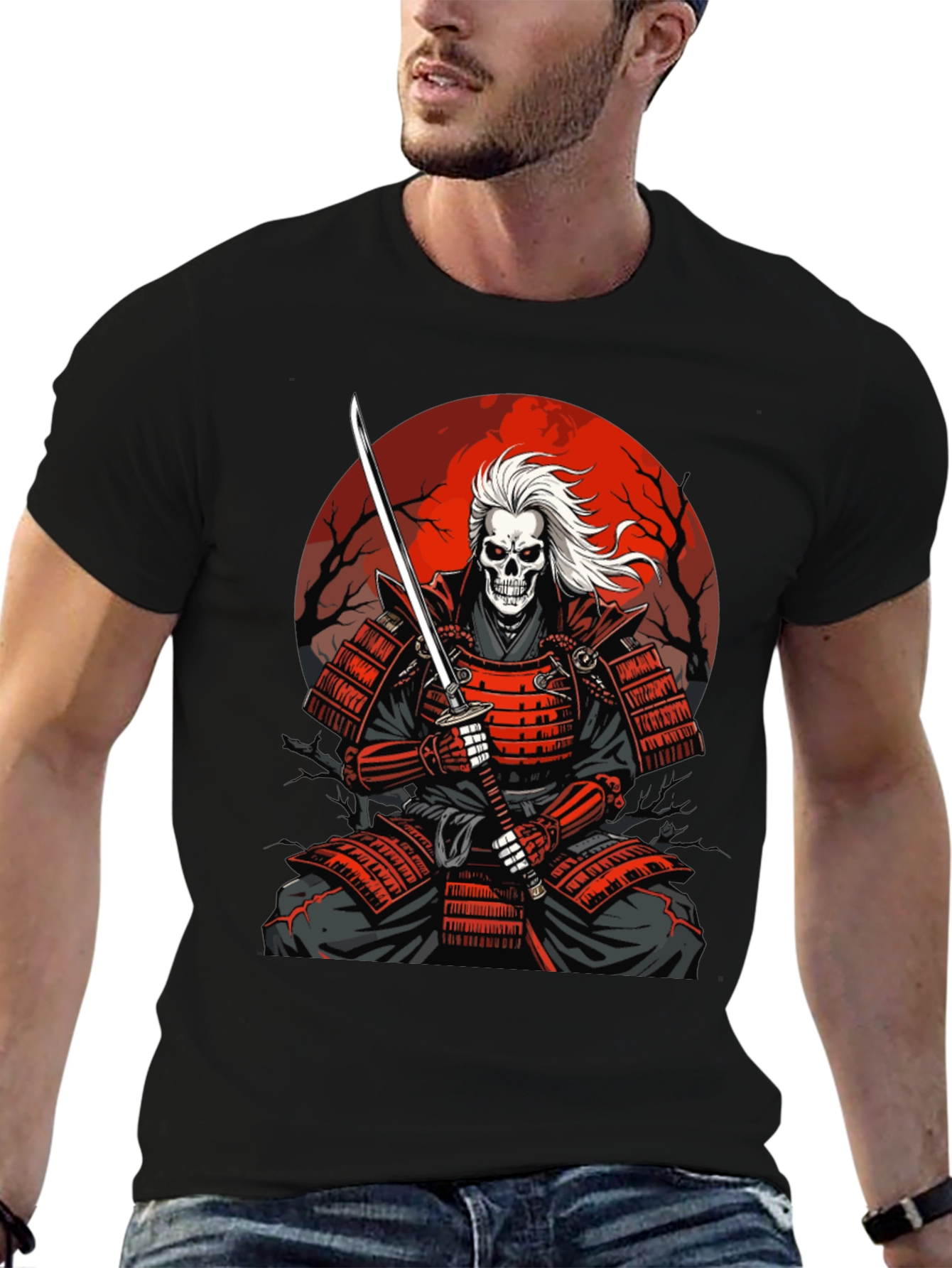 Samurai Skeleton T-Shirt - Red Armor & Katana