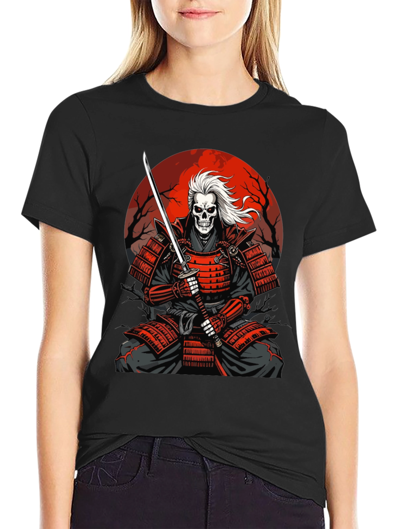 Samurai Skeleton T-Shirt - Red Armor & Katana