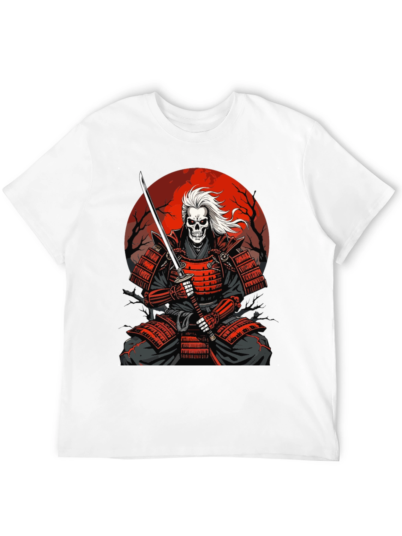 Samurai Skeleton T-Shirt - Red Armor & Katana