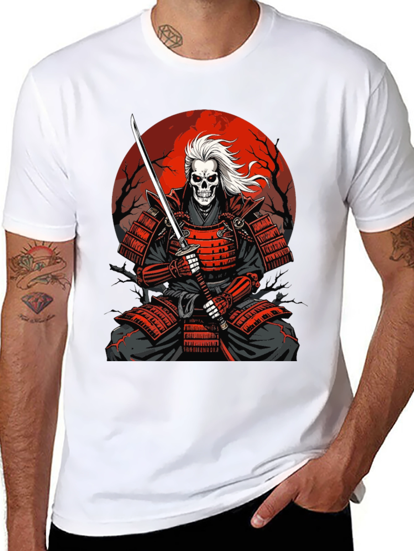 Samurai Skeleton T-Shirt - Red Armor & Katana