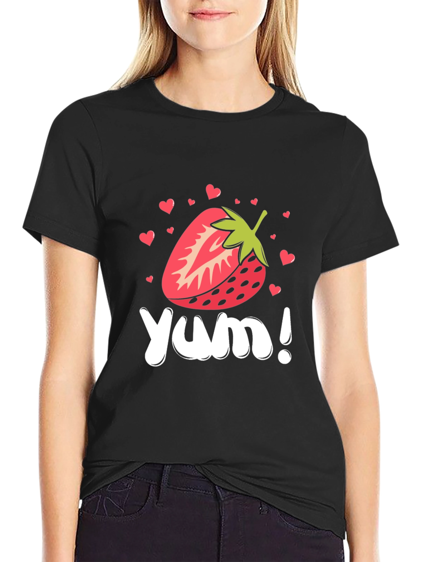 Strawberry Yum! Black Graphic T-Shirt