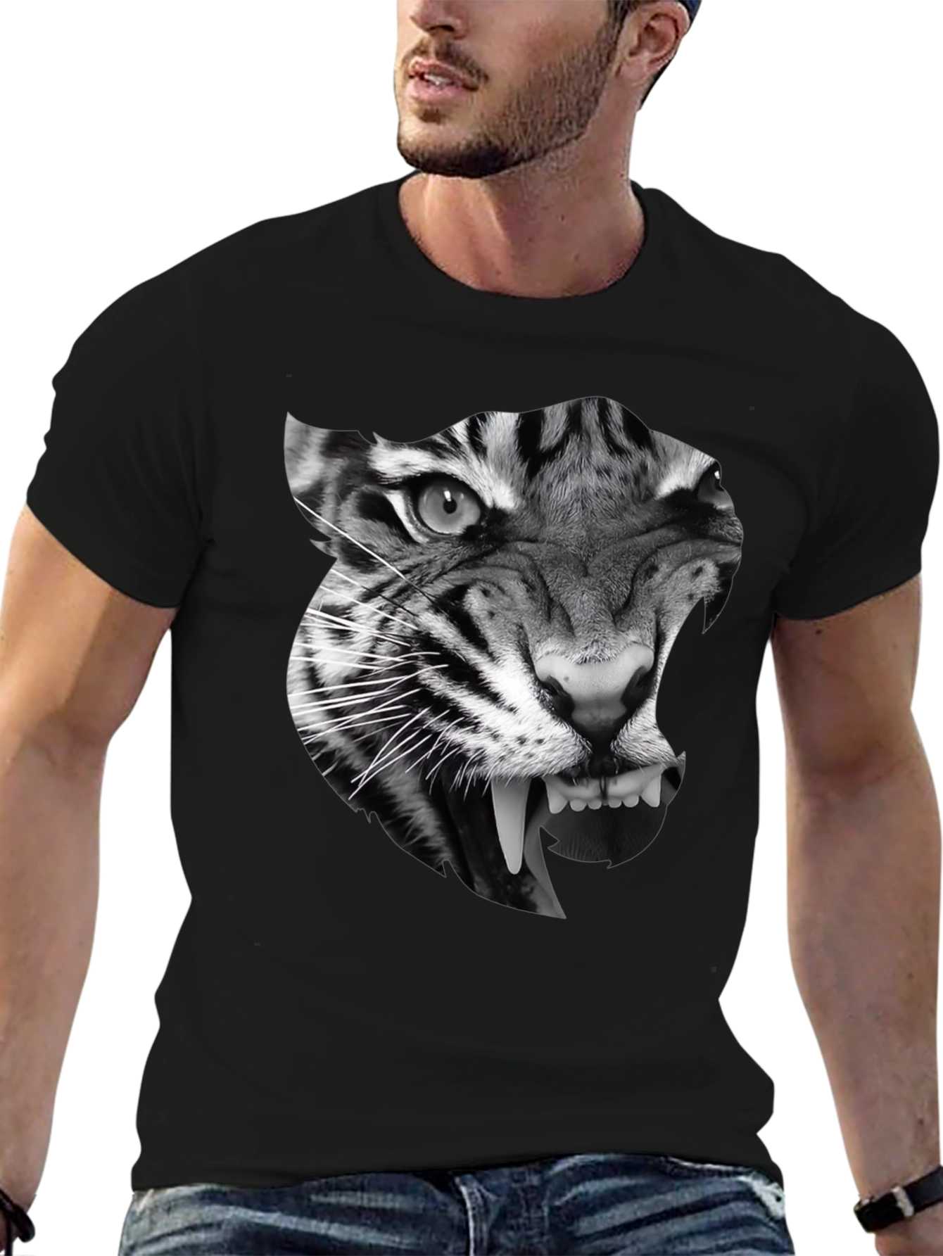 Mens Black T-Shirt with Tiger Graphic