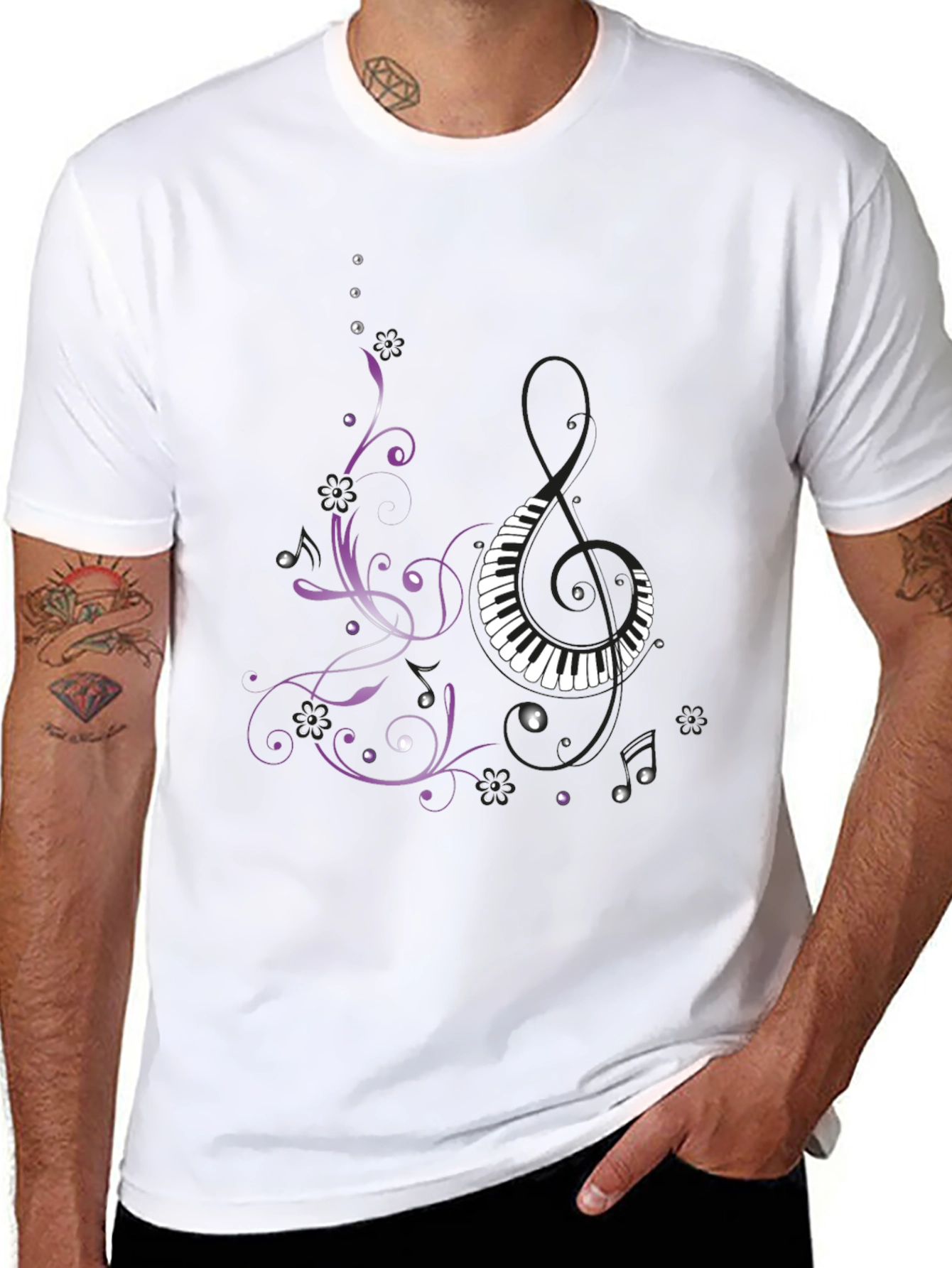 Musical T-Shirt with Piano and Floral Design