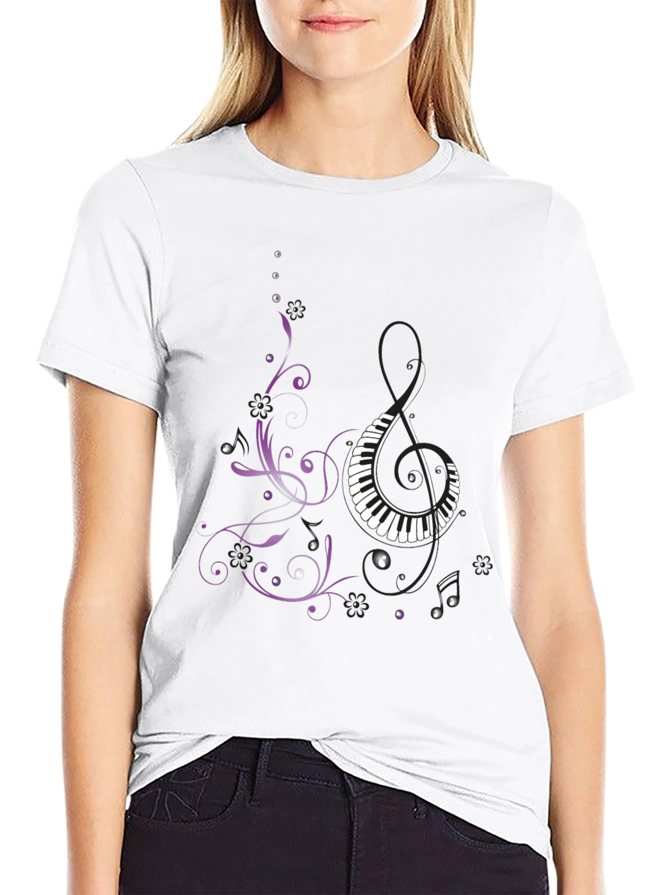 Musical T-Shirt with Piano and Floral Design