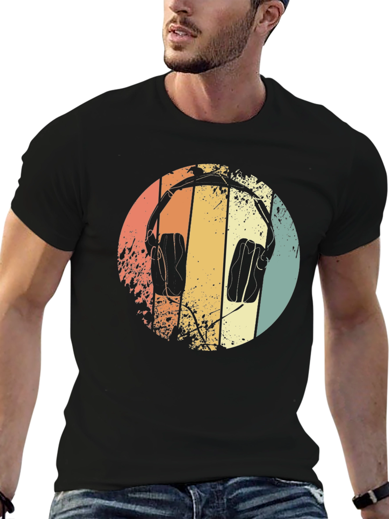 Retro Headphones Graphic Tee - Black Cotton T-Shirt