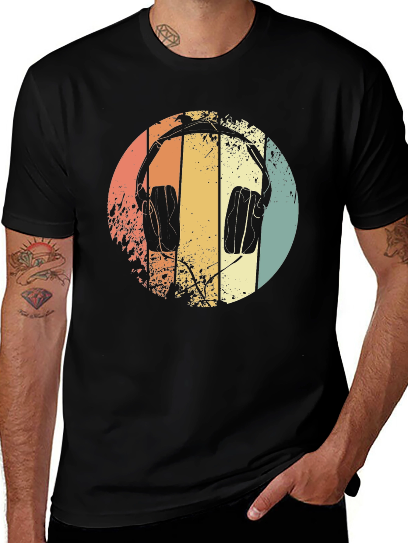 Retro Headphones Graphic Tee - Black Cotton T-Shirt