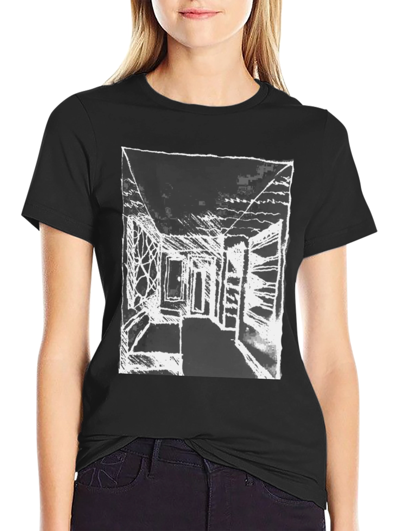 Abstract Sketch Graphic Print Black Cotton T-Shirt