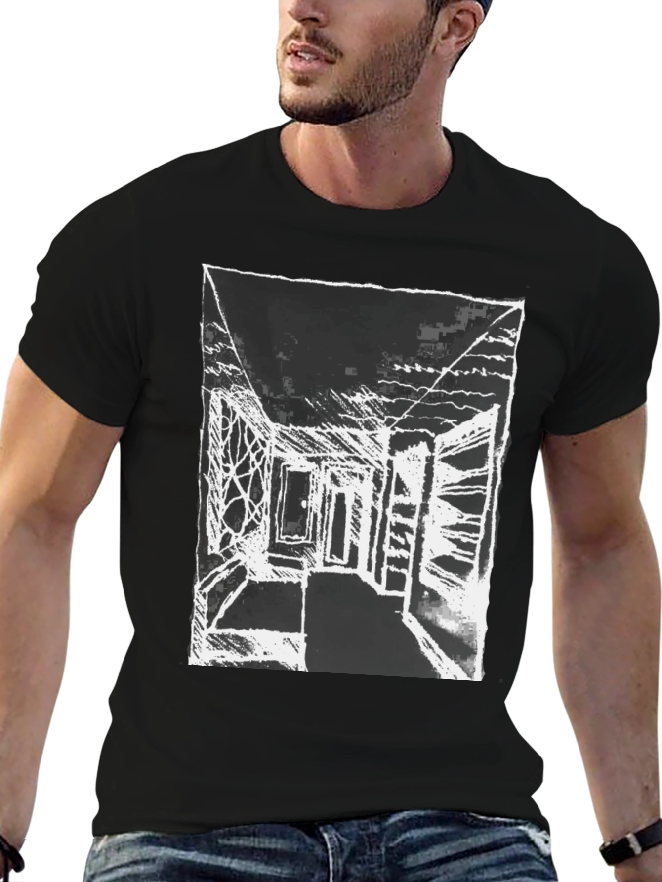 Abstract Sketch Graphic Print Black Cotton T-Shirt