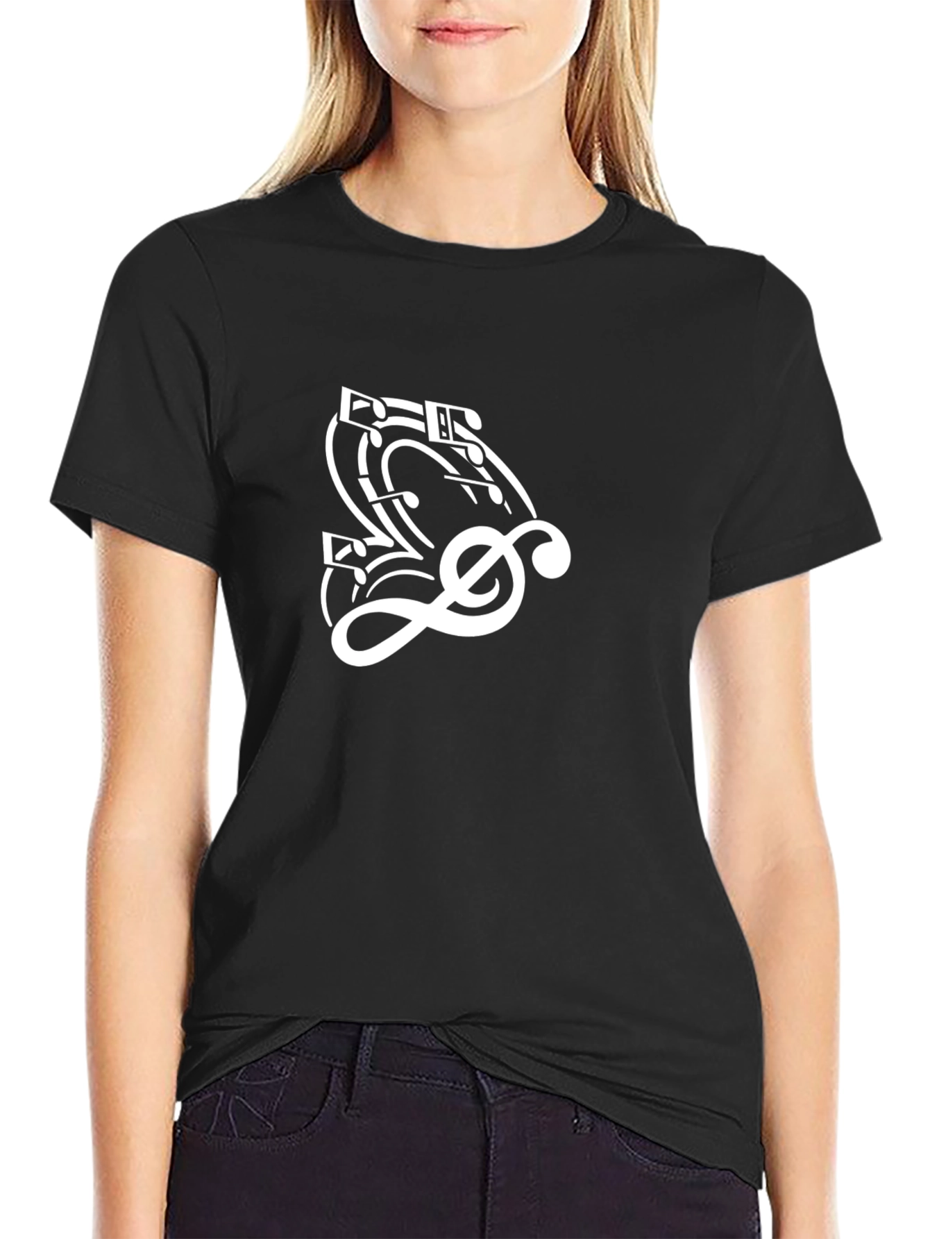 Musical Notes Treble Clef Graphic Black T-Shirt