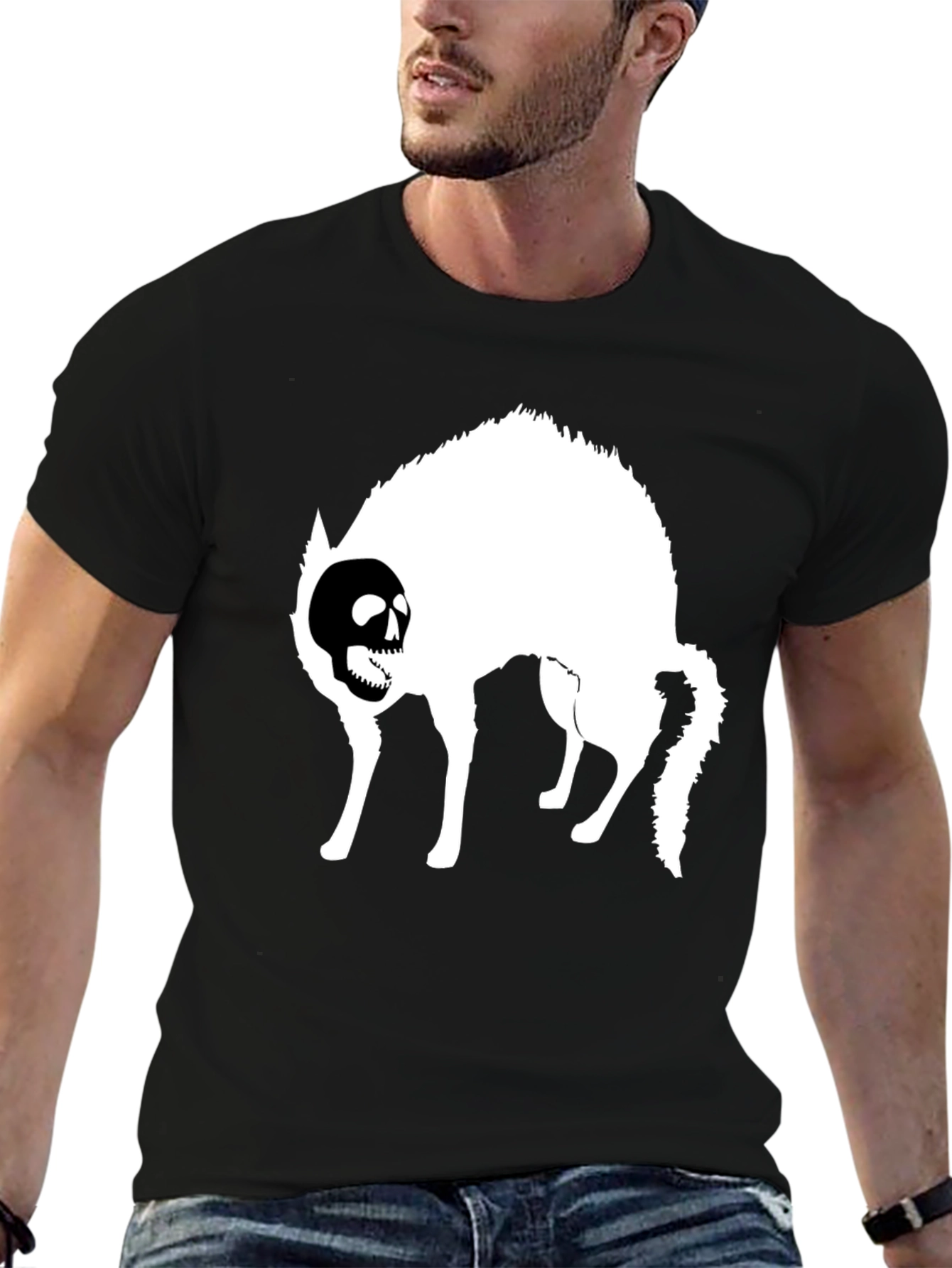 Skull Cat Graphic T-Shirt - Black Cotton Tee