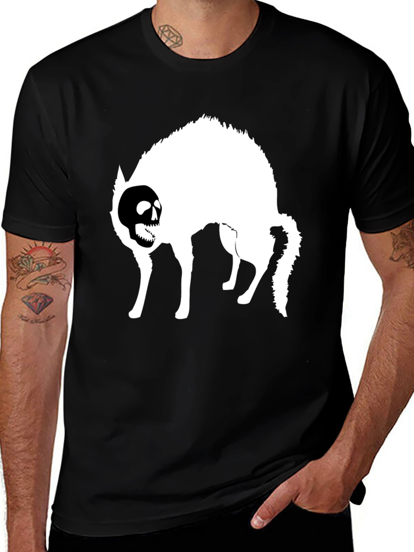 Skull Cat Graphic T-Shirt - Black Cotton Tee