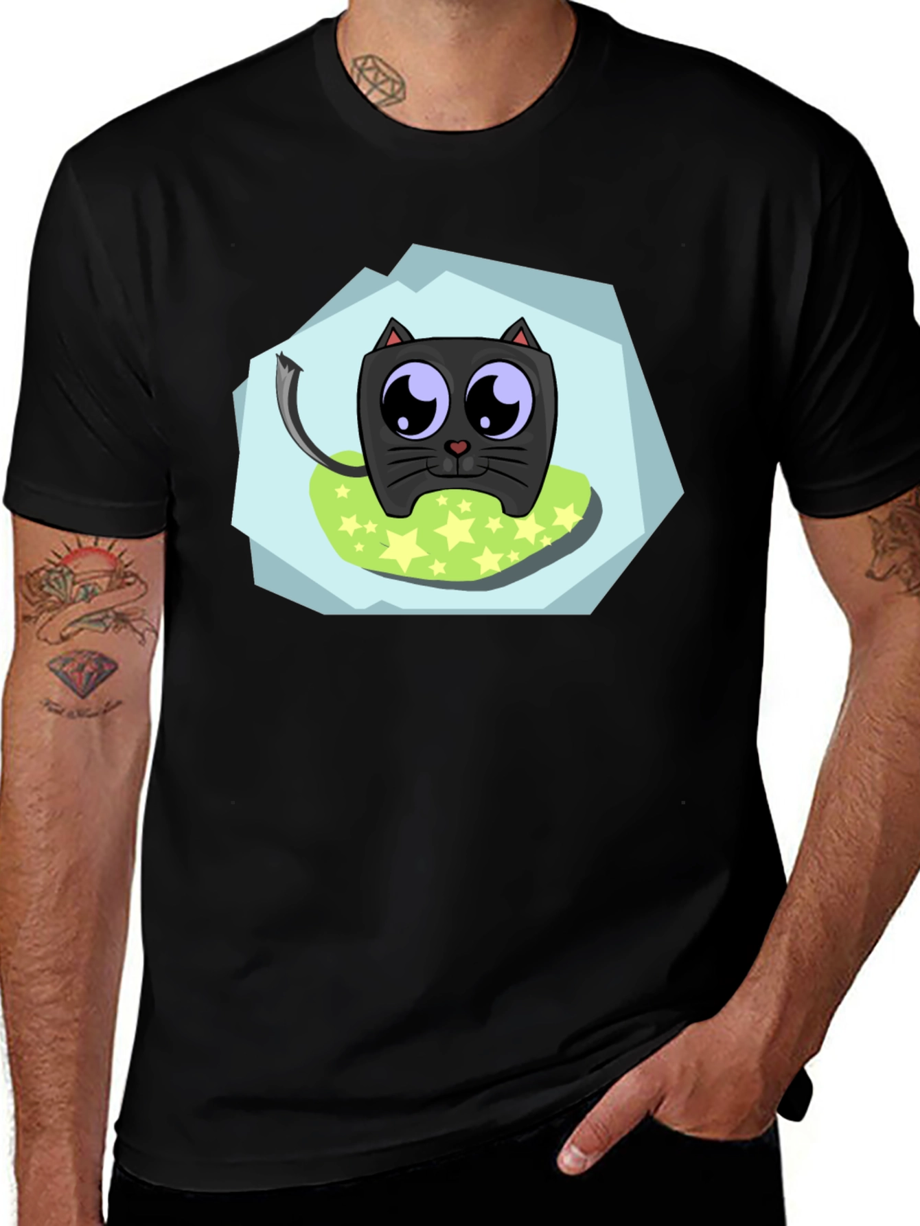 Cute Cartoon Cat Black T-Shirt