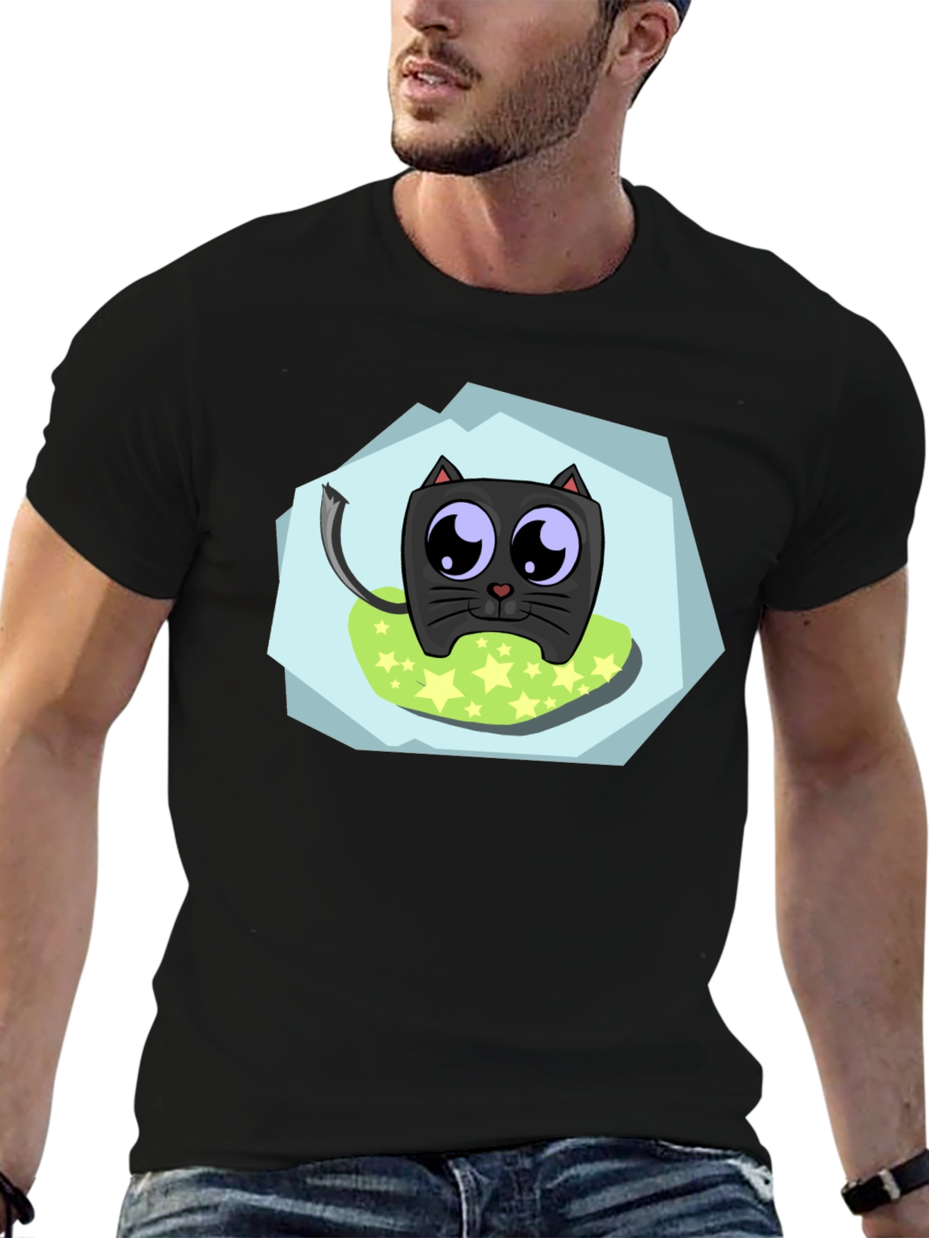 Cute Cartoon Cat Black T-Shirt