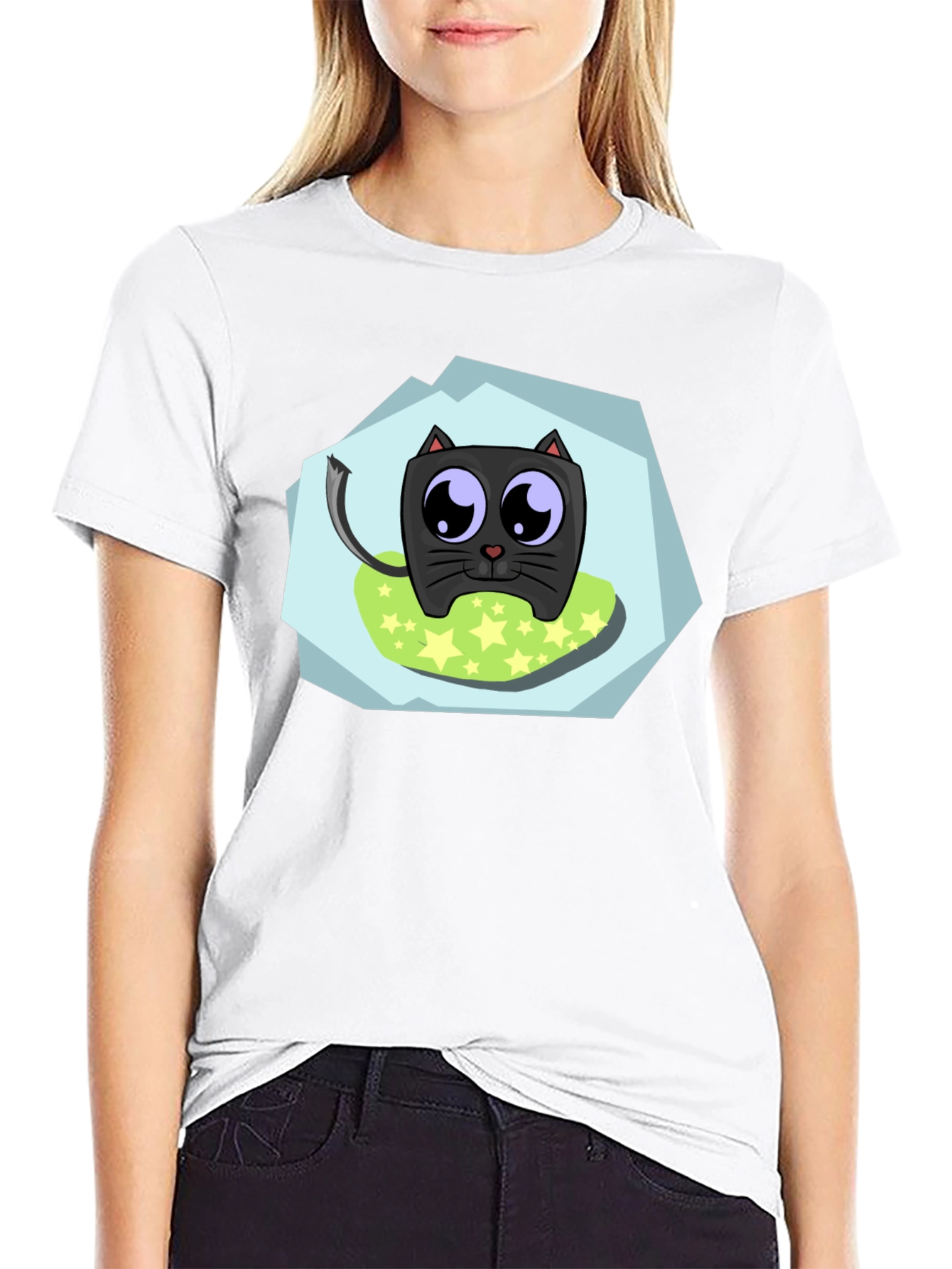 Cute Cartoon Cat Black T-Shirt