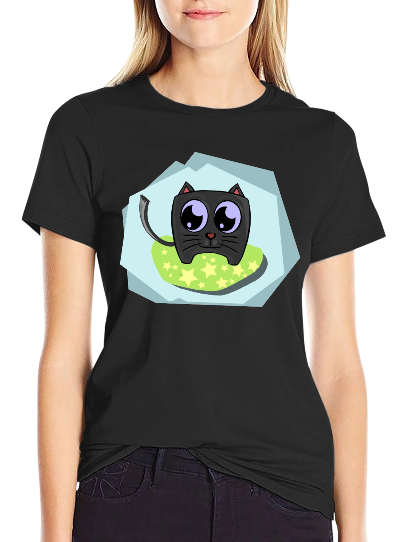 Cute Cartoon Cat Black T-Shirt
