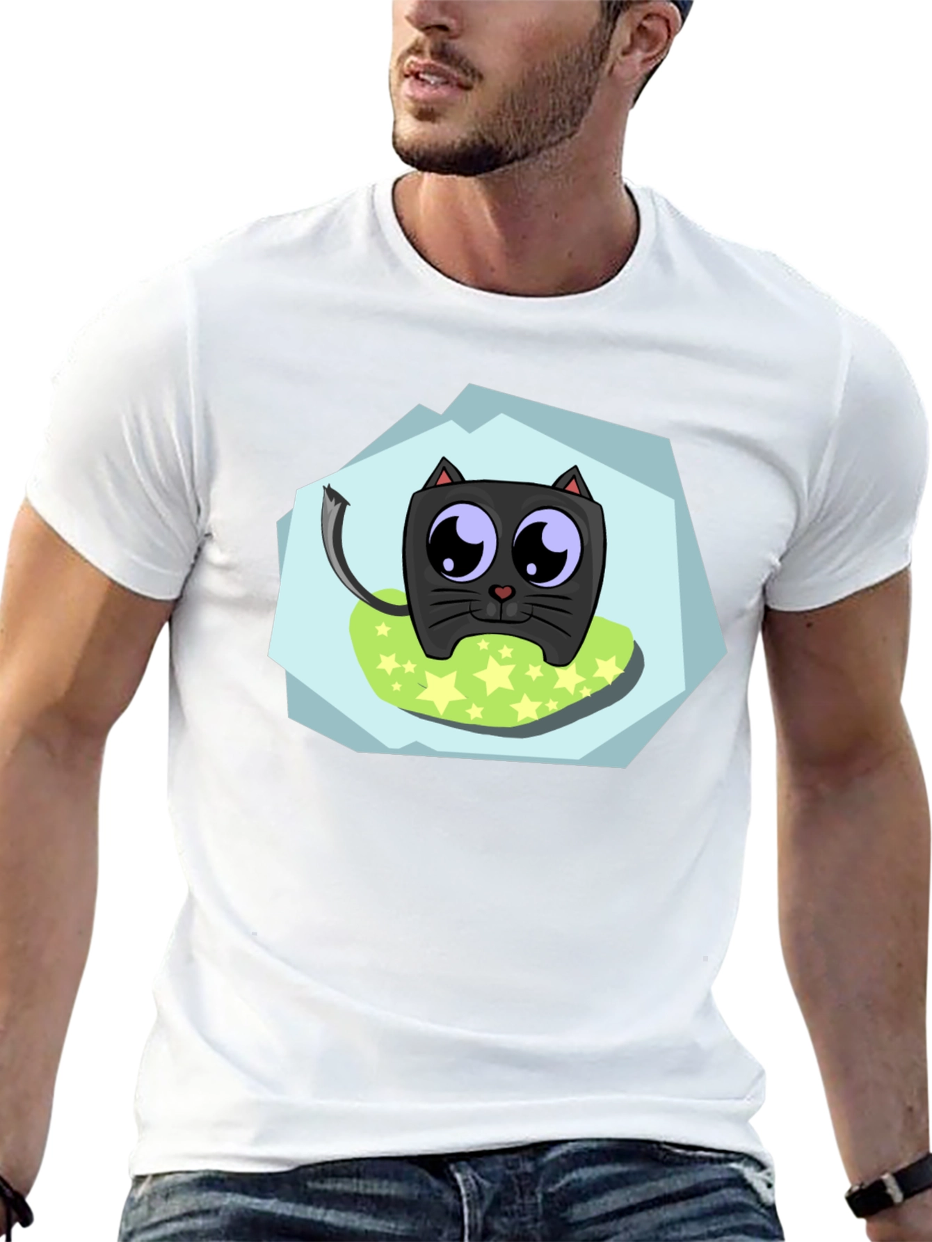 Cute Cartoon Cat Black T-Shirt