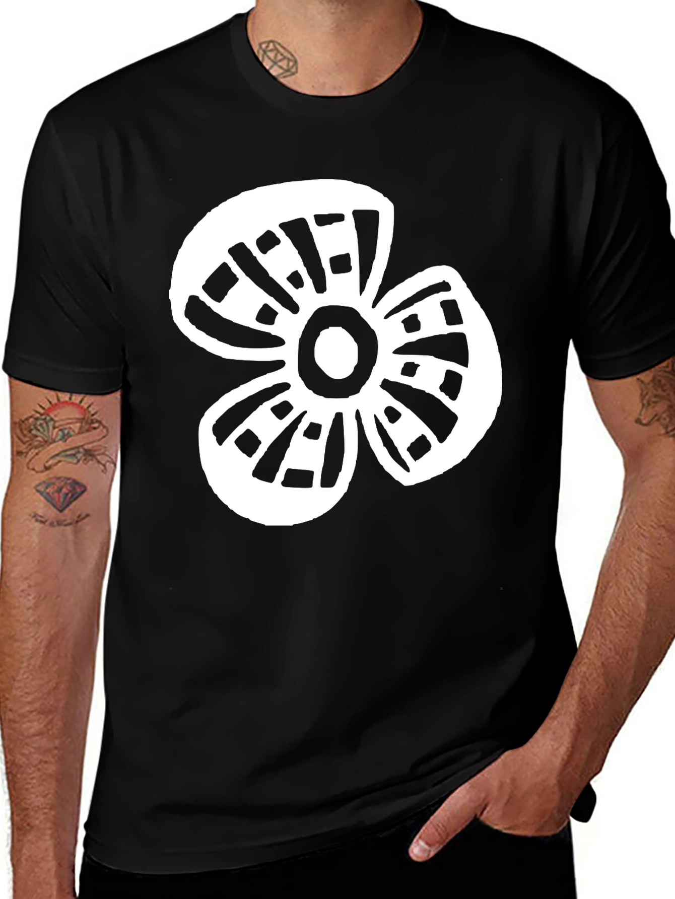 Black T-Shirt with White Flower Graphic Print
