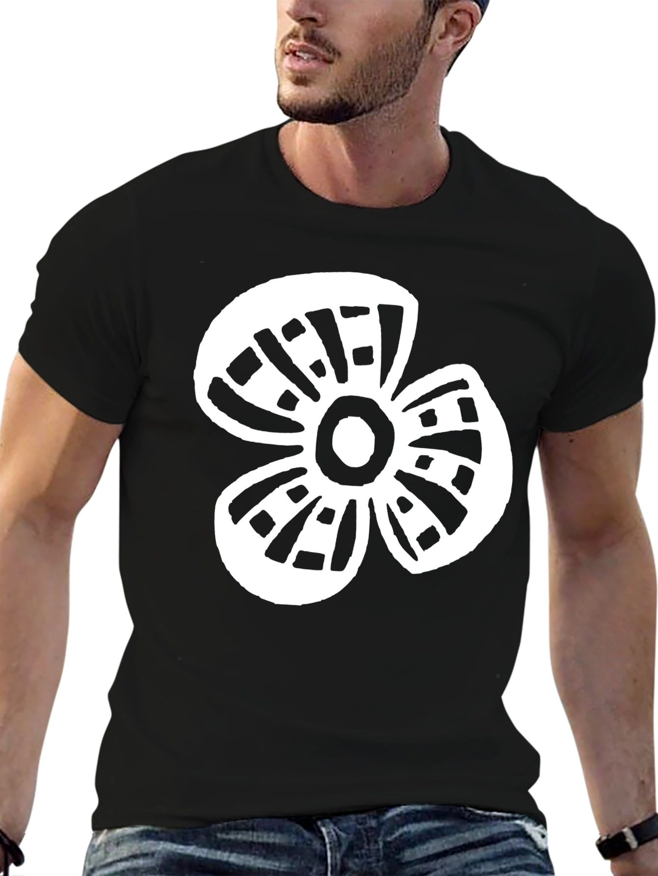 Black T-Shirt with White Flower Graphic Print