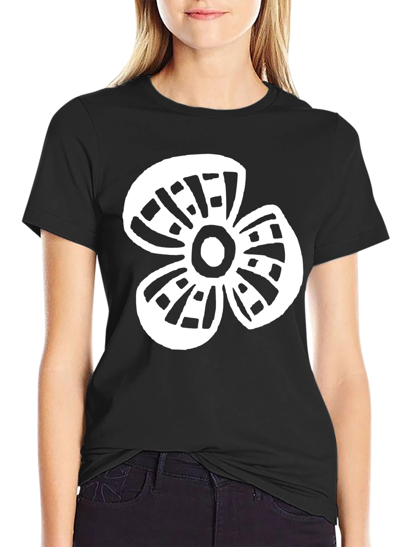 Black T-Shirt with White Flower Graphic Print