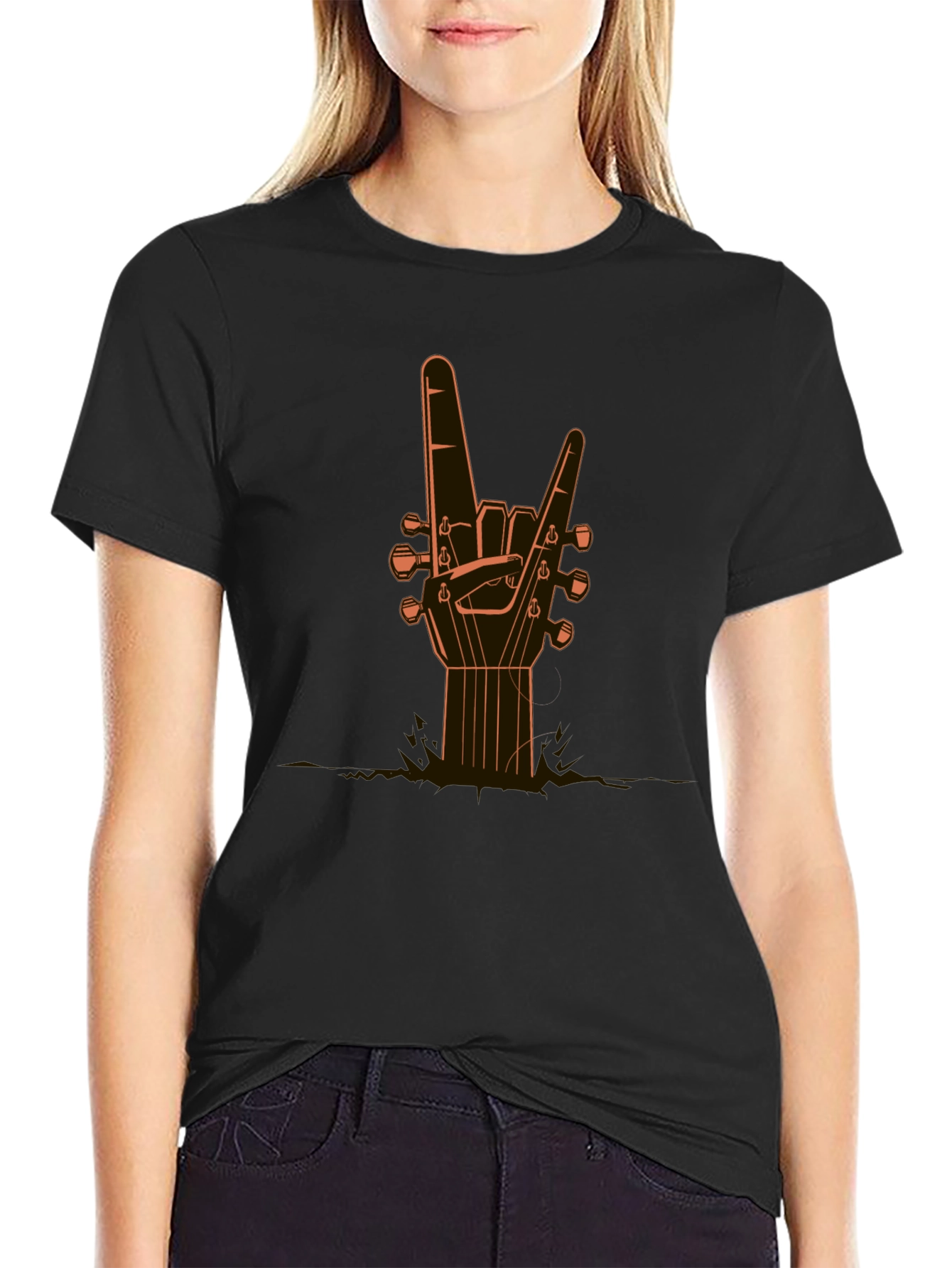 Rock On Guitar Hand Black T-Shirt