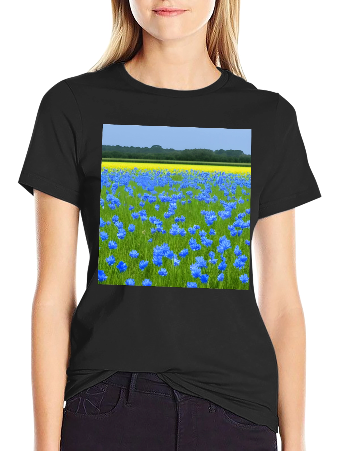 Blue Flowers Field Graphic Tee - Nature Lovers Shirt
