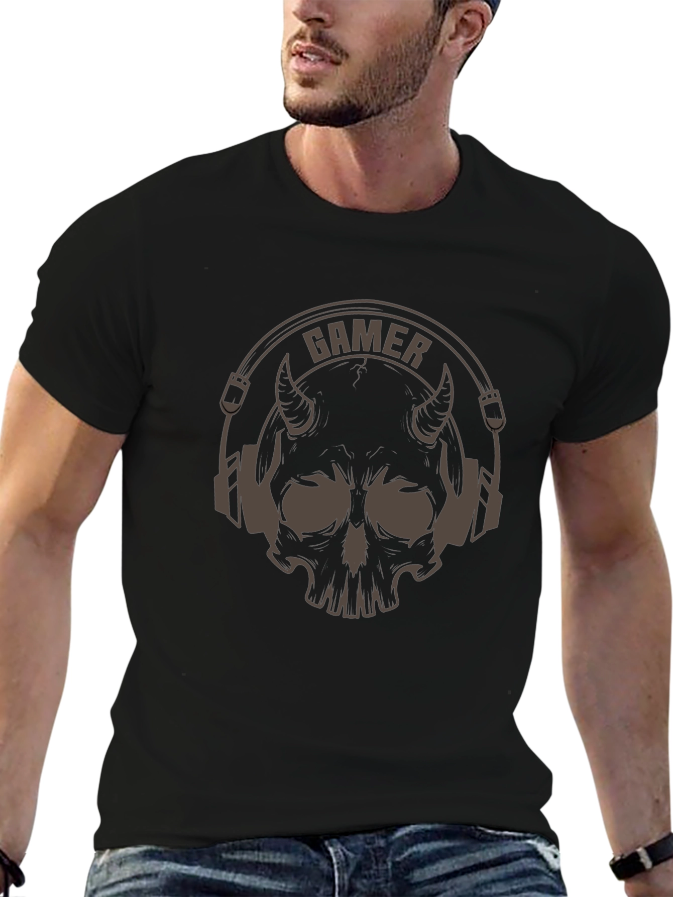 Gamer Devil Skull Graphic T-Shirt - Black