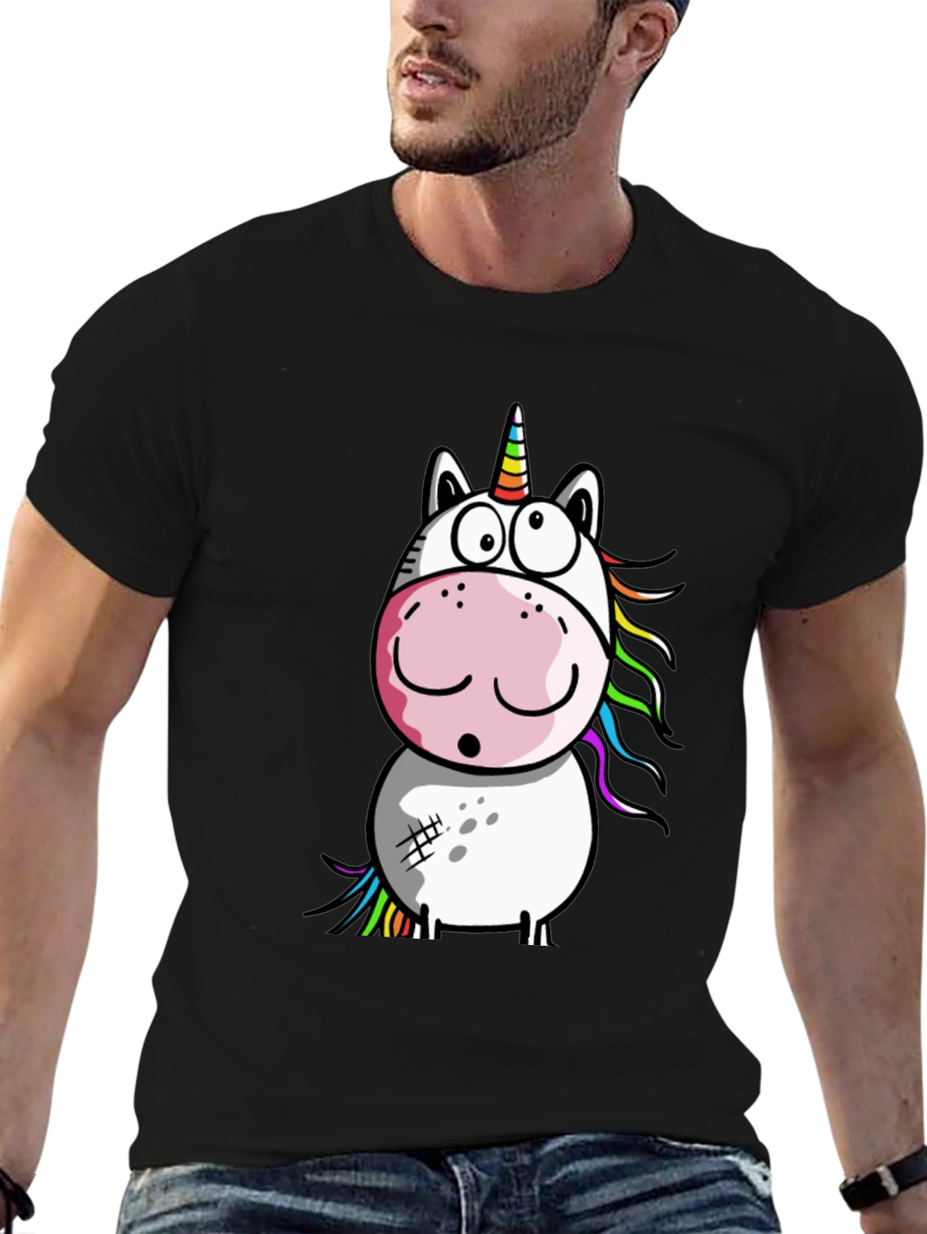 Cartoon Unicorn Graphic T-Shirt - Black